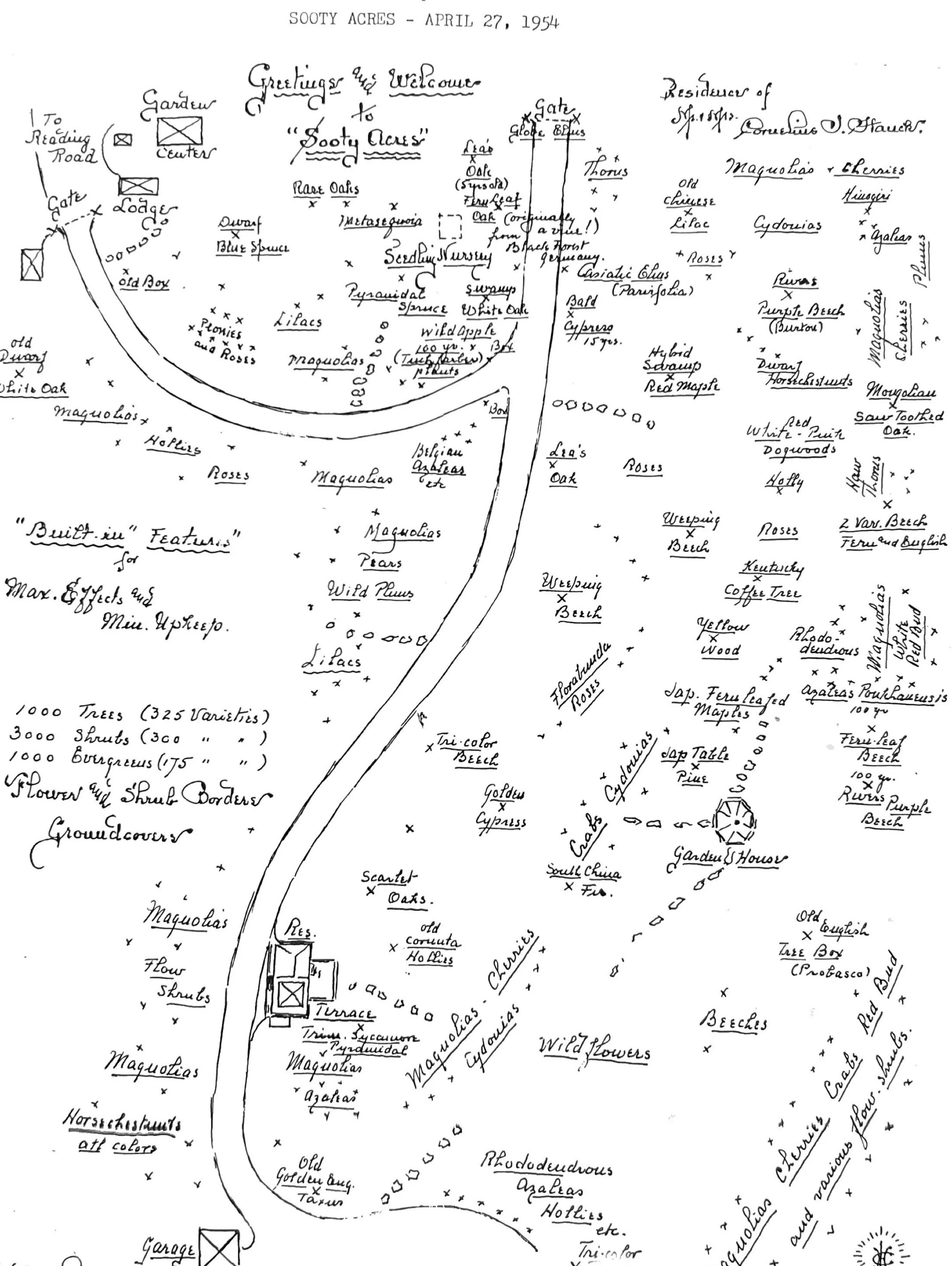 A map of Sooty Acres in Hauck's own hand, dated April 27, 1954
