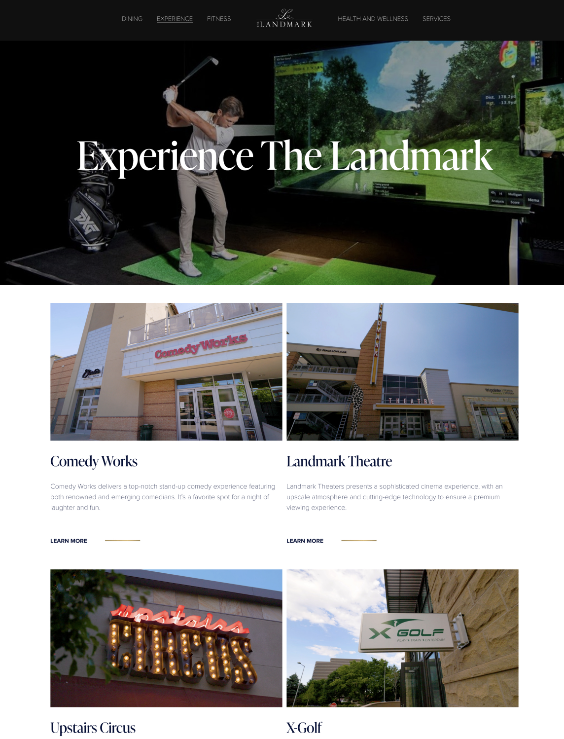 Website homepage for The Landmark, showcasing indoor golf simulation, comedy club, theater, circus, and golf facilities.