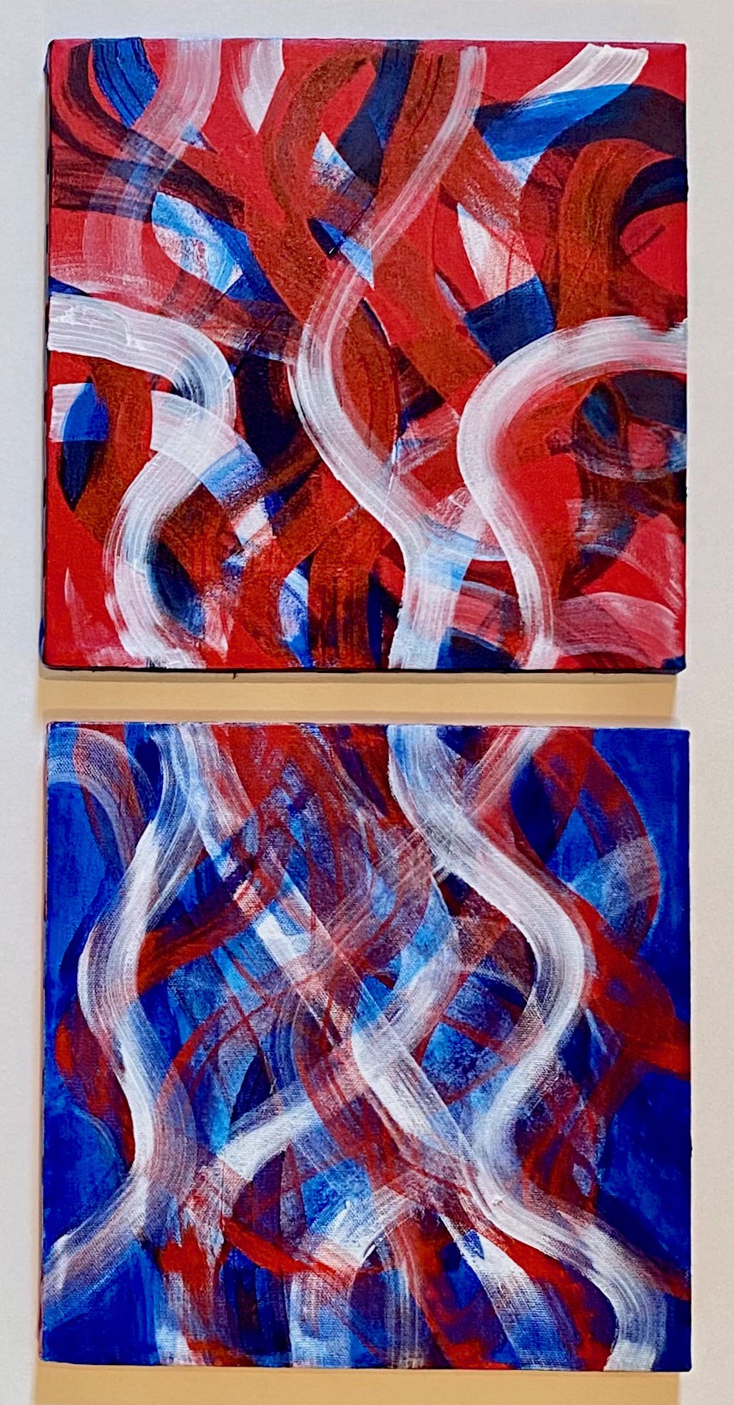 Azadeh Ghotbi, Crossroad 29, 2021, Acrylic on canvas, Two 25.4 x 25.4 cm panels