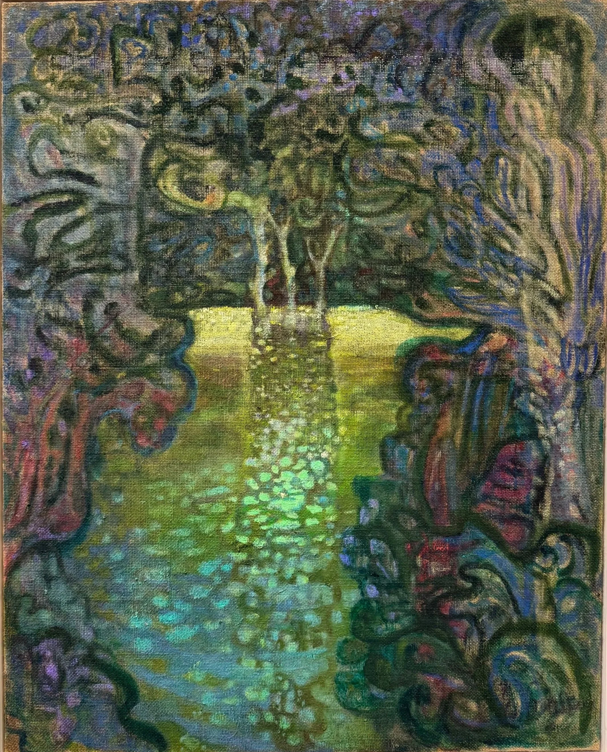 Shallow Whirlpool, 2024-26, pigments and oil on hessian, 84 x 67 cm