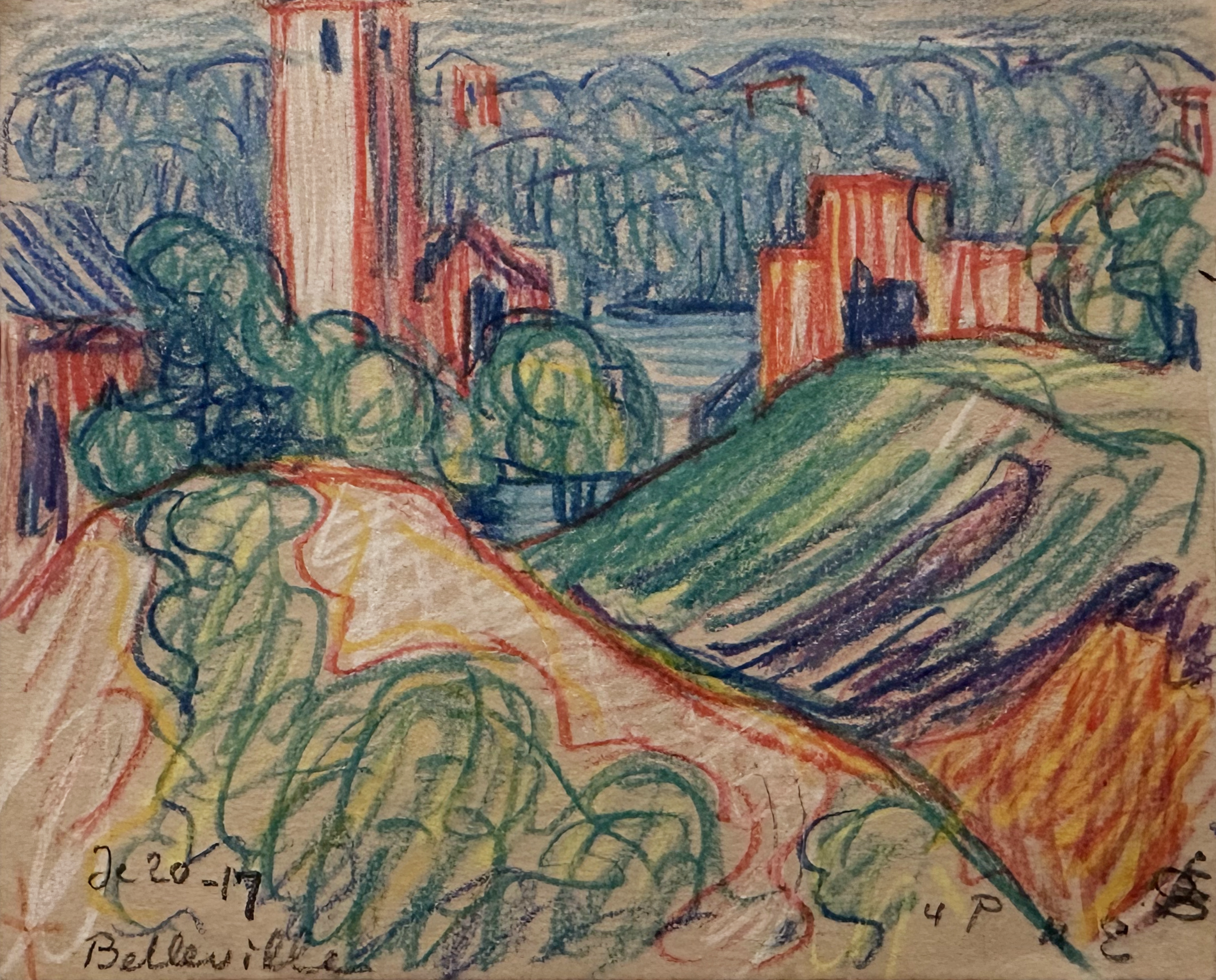 Oscar Bluemner, Belleville, NJ, 1917. Hand-signed by artist. Artist's monogram lower right corner in graphite. Dated and titled lower left corner in graphite. Crayon on paper, 12.1 x 15.2 cm
