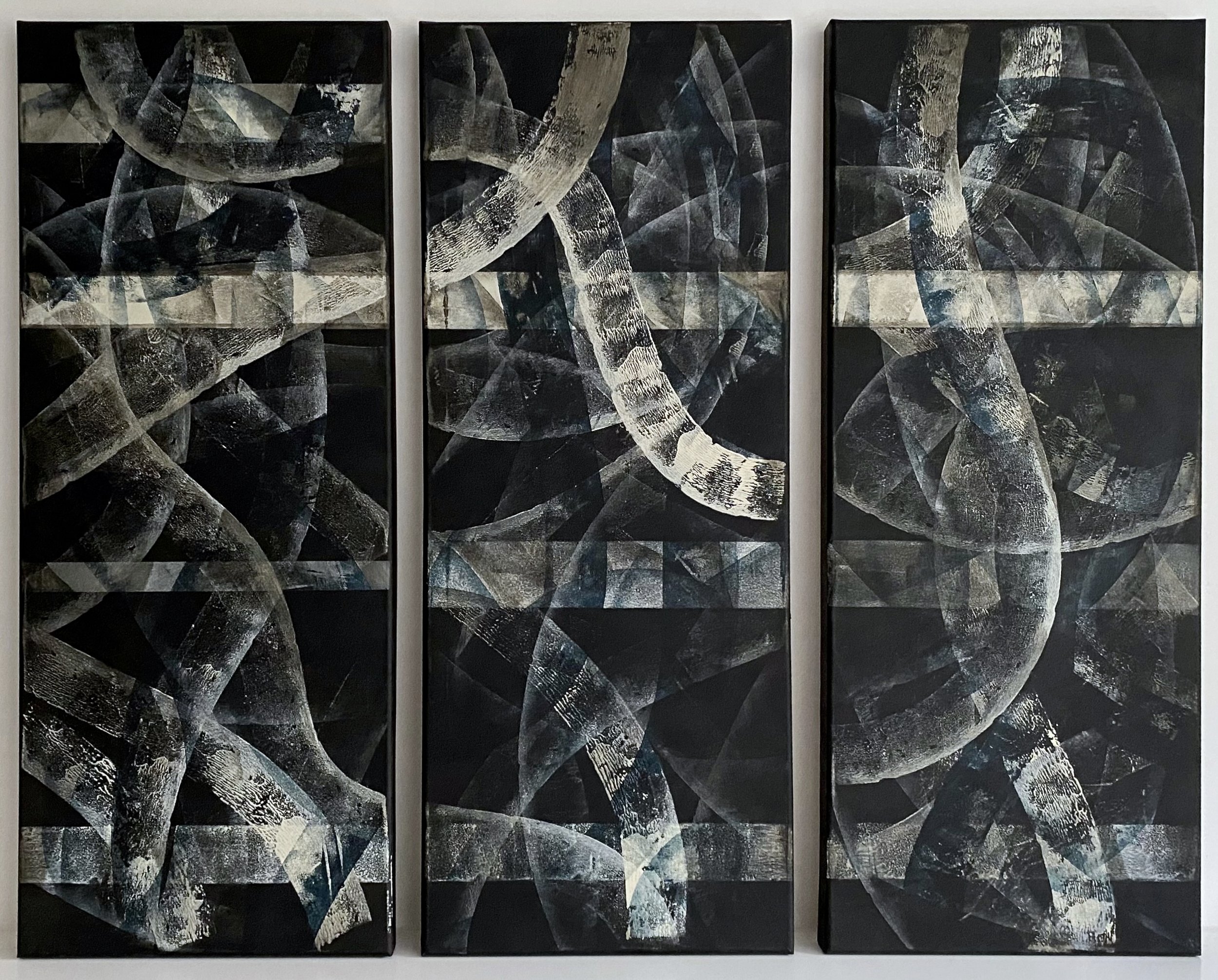 Azadeh Ghotbi, Crossroad 27, 2019, Acrylic on canvas, Three 100 x 50 cm panels