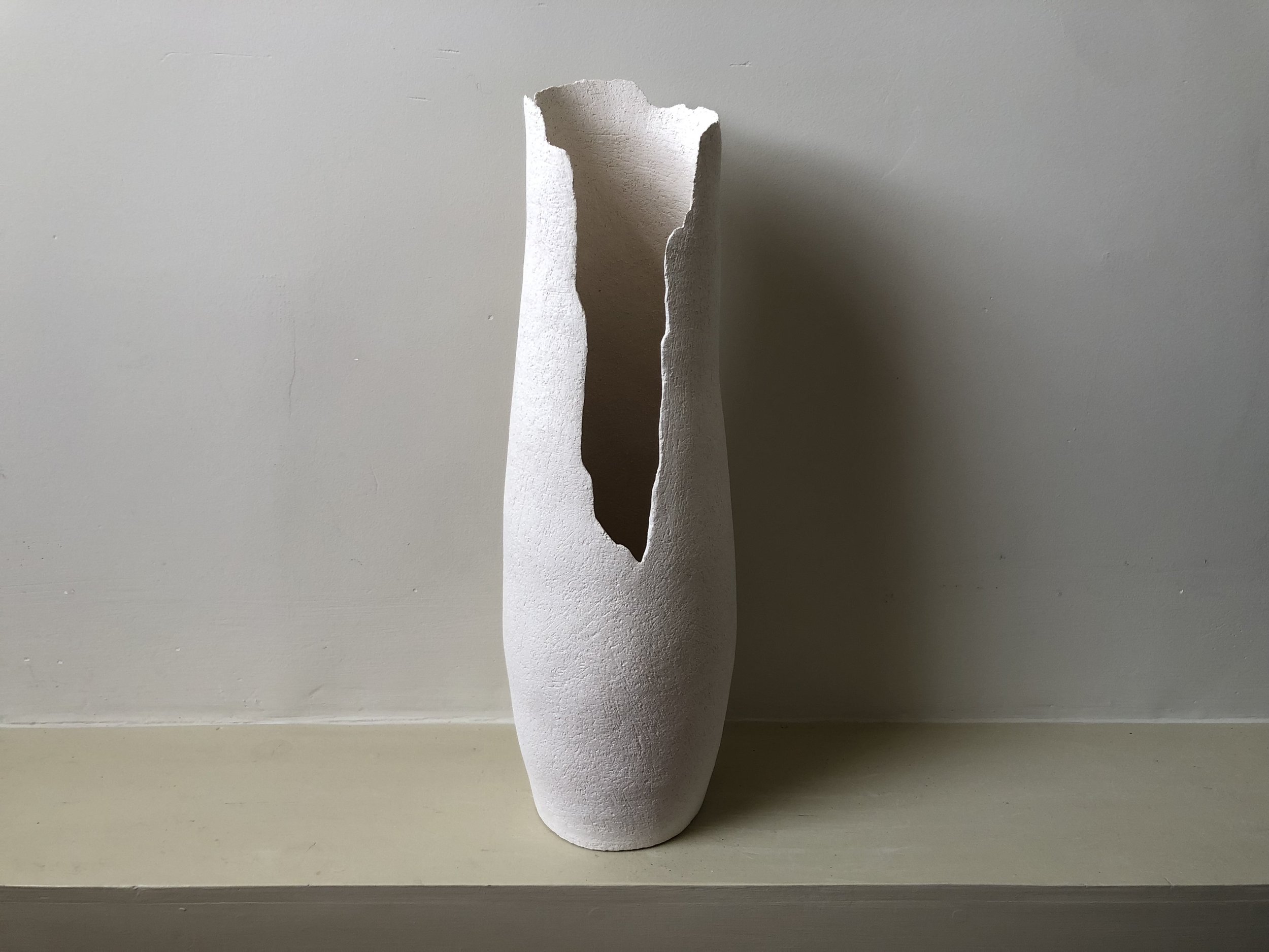 Emily Buck, Lyssa, 2020, Hand-built textured off-white stoneware vessel , 45 x 14 cm