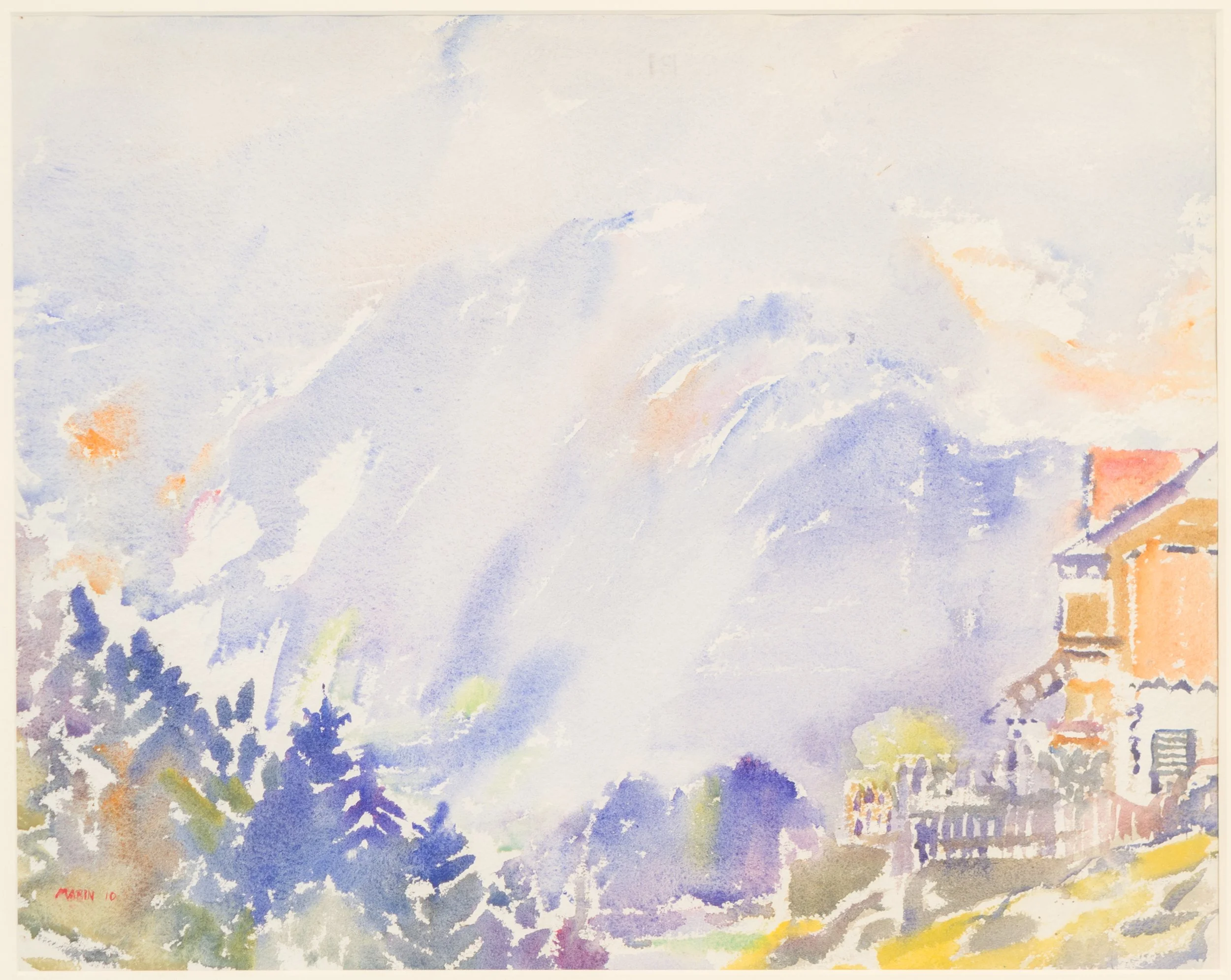 John Marin, Kufstein, Austrian Tyrol, 1910.
Signed and dated 'Marin 10' (lower left)—dated again and inscribed with title (on the reverse). Watercolour on paper, 40 x 45.7 cm