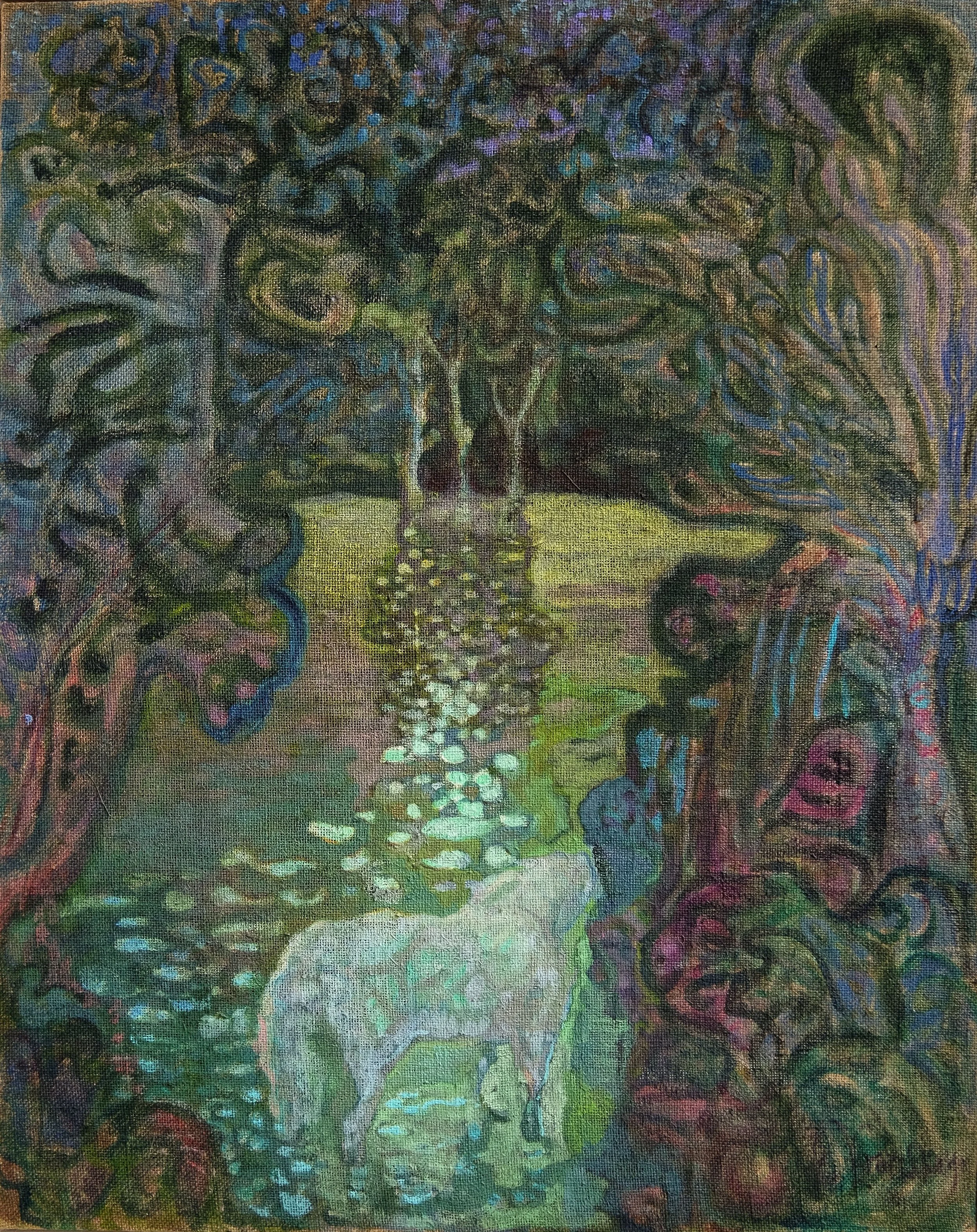 In the Presence, 2024-26, pigmnets and oil on hessian, 84 x 67 cm