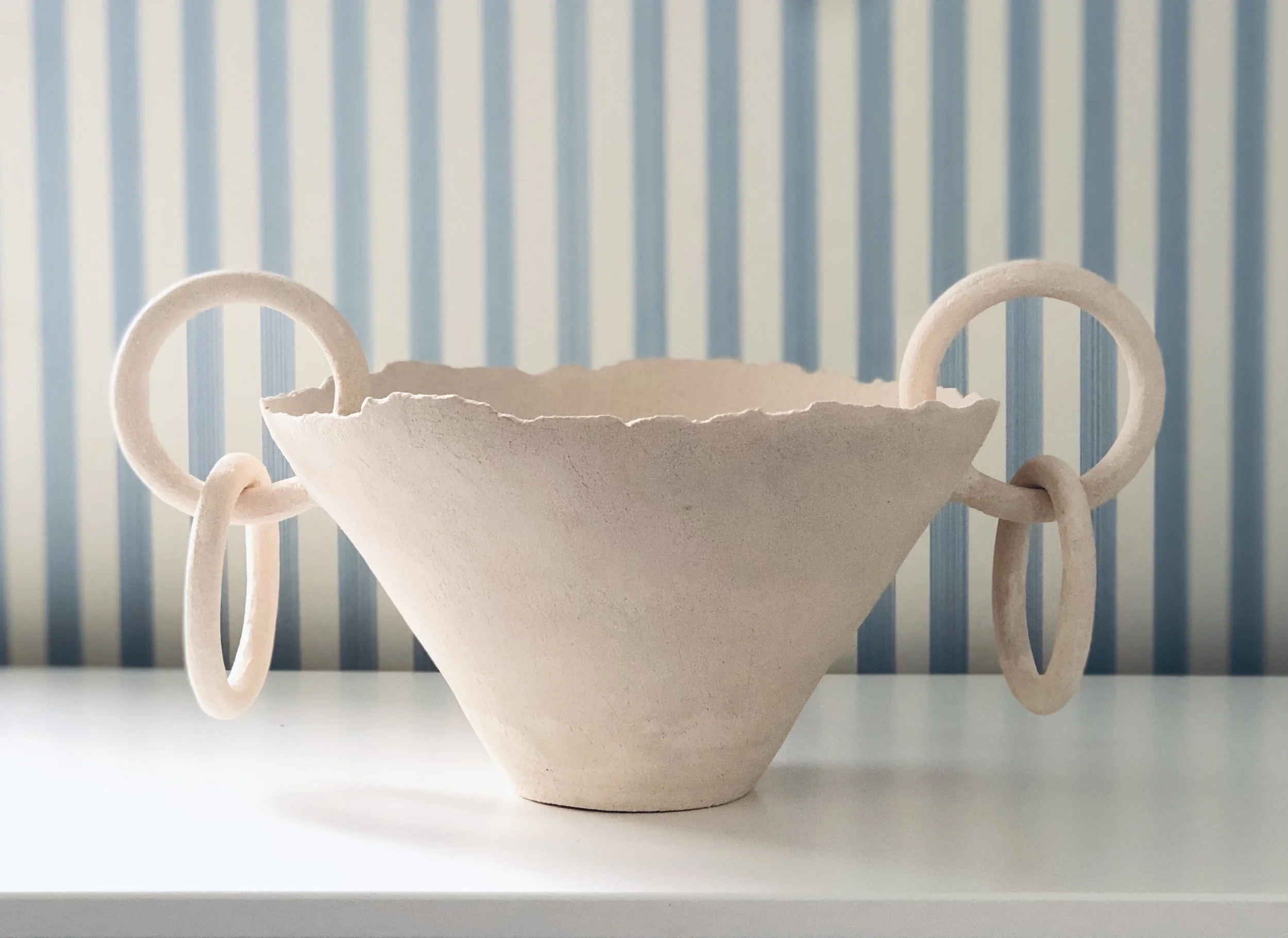 Emily Buck, Anathema Vessel (something offered to divinity), 2020, Hand-built off-white stoneware vessel, 21.5 x 43 cm