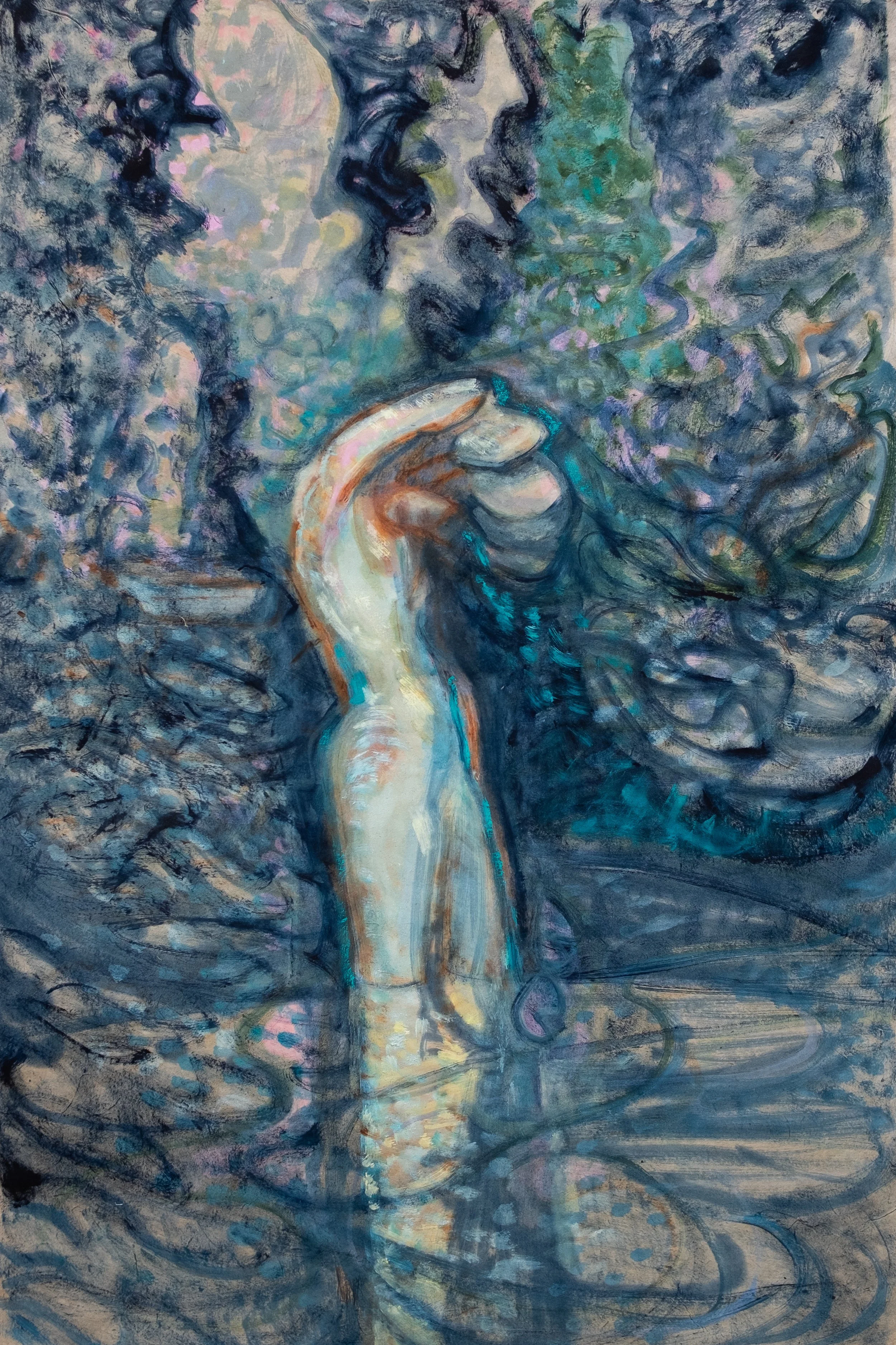 At the Loch, 2024, pigments and oil, Japanese paper, 780 x 560 mm