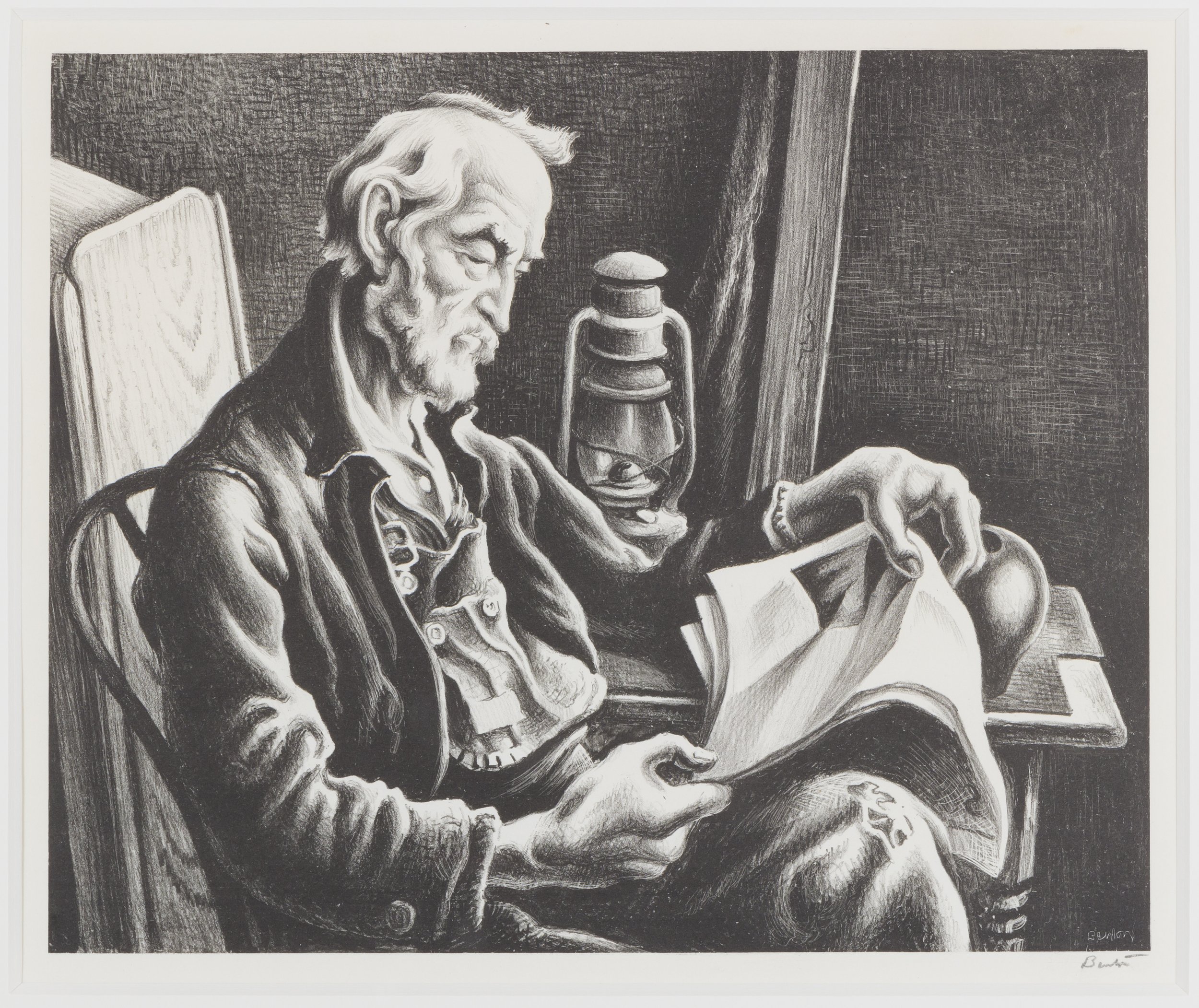 Thomas Hart Benton,Old Man Reading, 1941.  Signed lower right by the artist, Lithograph
25 x 30.5 cm, Edition of 250 