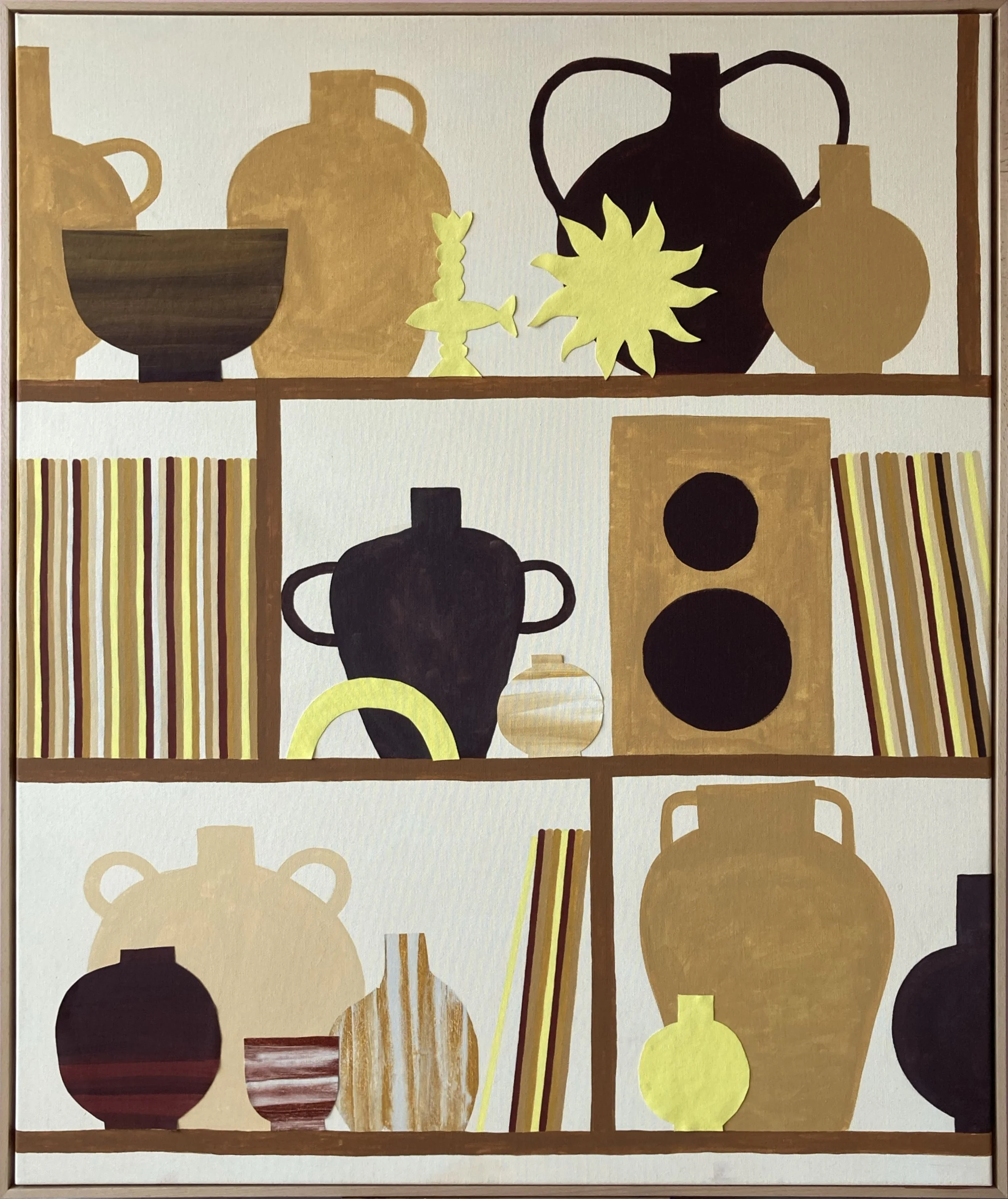 Marine Gentils, Sun Daze, 2026, acrylic and collage on canvas, framed in oak, 122 x 133 cm                                                                 