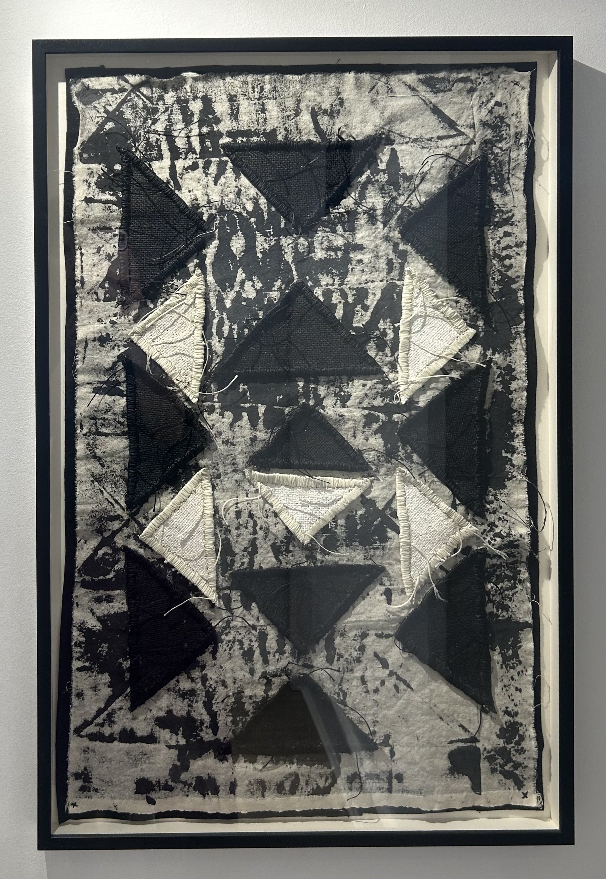 Hanna ten Doornkaat, Uspoken Syntax, 2025, Canvas, acrylic, hessian, waxed leather binding thread, felt, framed, 77.5 x 51.5 cm