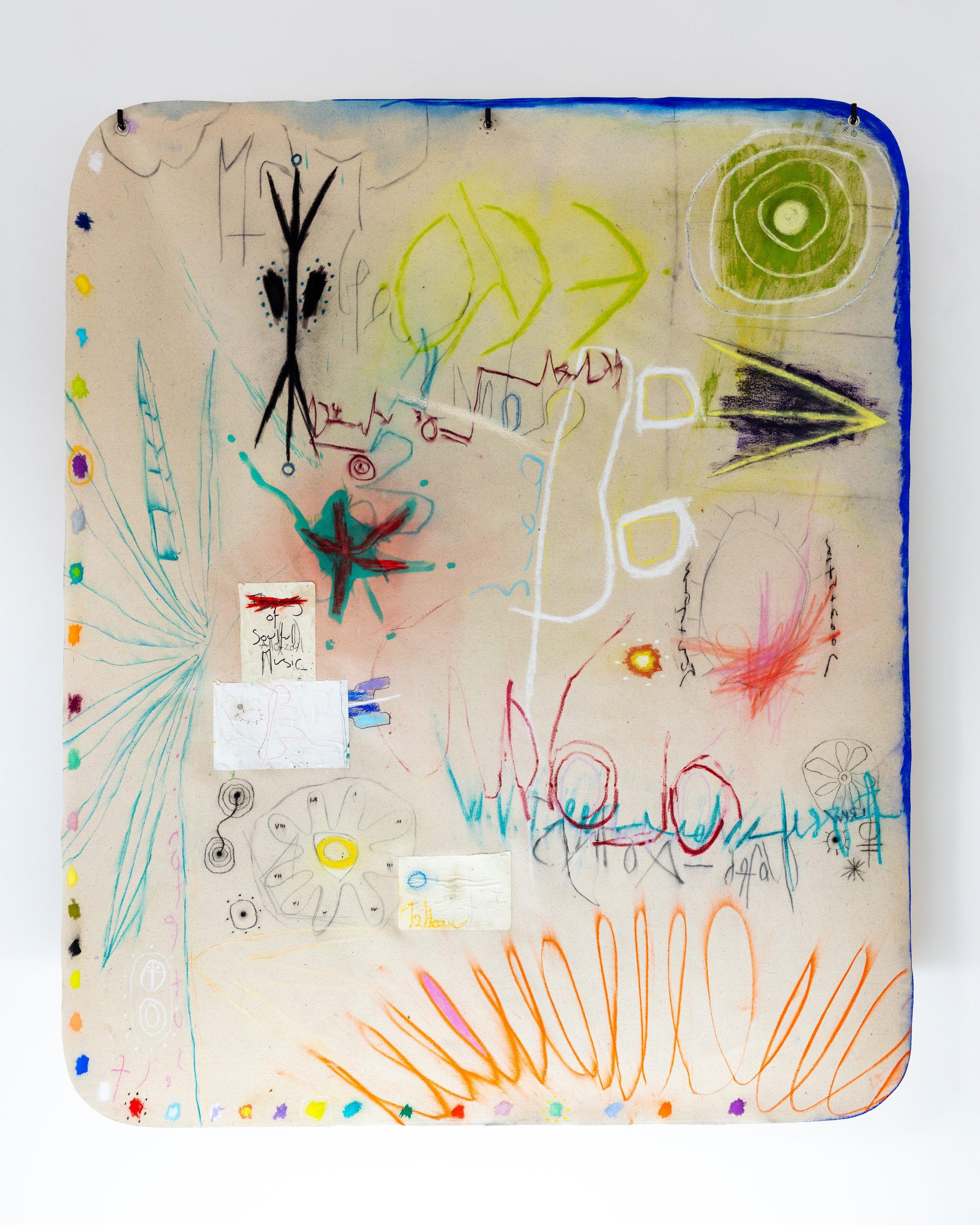 Laurence Watchorn, Echo dub (Note to self), 2024-25, Oil and mixed media on canvas fitted with eyelits, hung on iron hooks, 189 x 158 cm