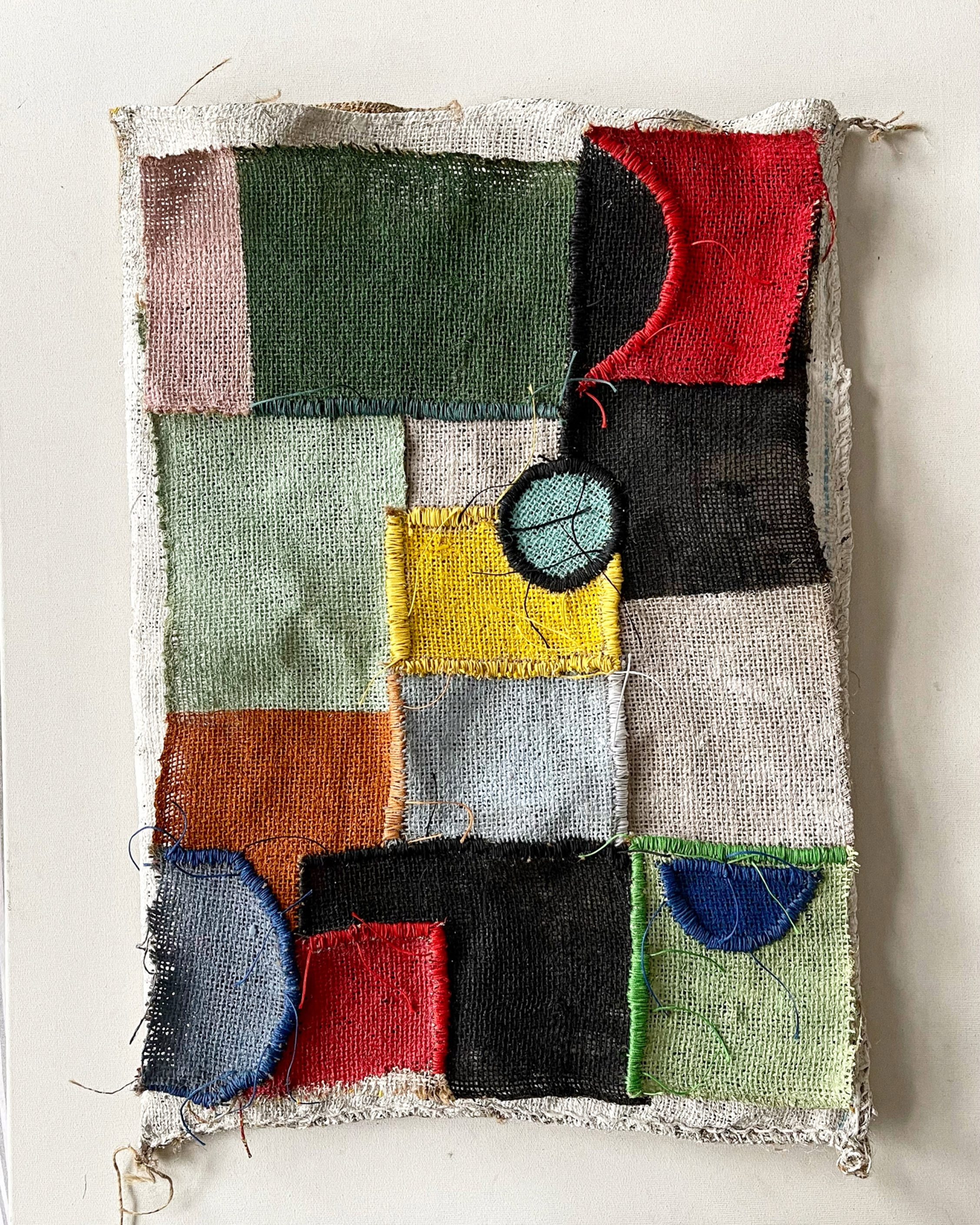Hanna ten Doornkaat, Untitled (homage to Anni A), 2023, Acrylic, leather binding thread, jute bag, scrim, stretcher, 60 x 40 x 2 cm