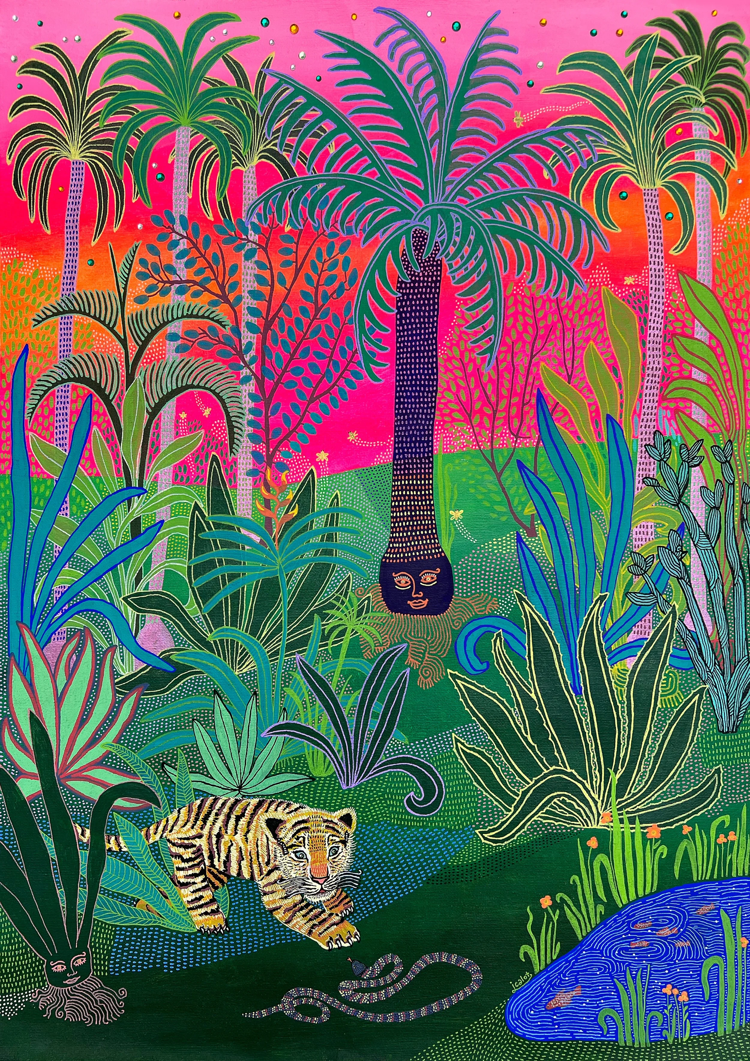 Julien Calot, Le Petit Tigre et le Serpent, 2022/23, acrylic on canvas, 45 x 62 cm