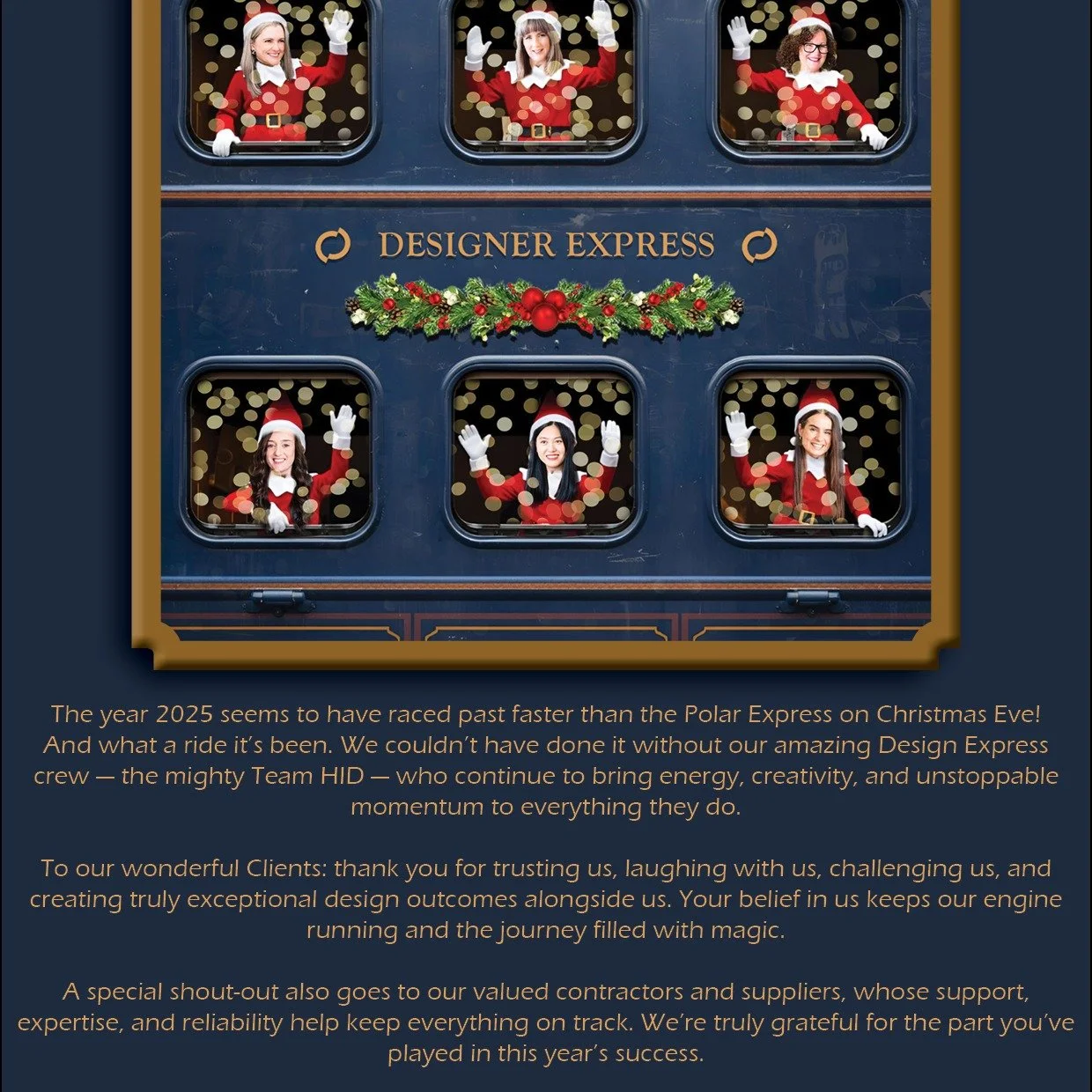 Merry Christmas from Team HID! We aim to bring a smile with a fun Christmas Card each year - designed inhouse! 
We are so thankful to all of those we have the privilege to work with and for the year that has been! From our family to yours...