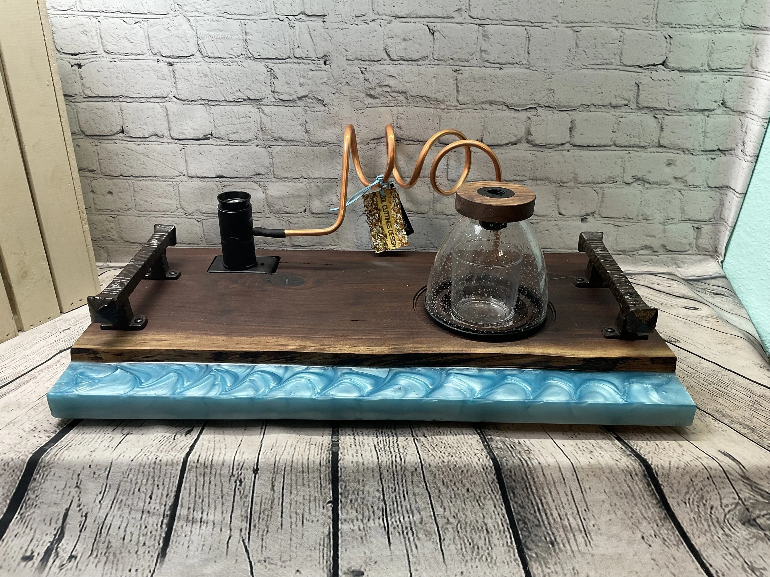 Medium “Live Edge” Cocktail Smoker  Walnut Board w/ Blue Epoxy