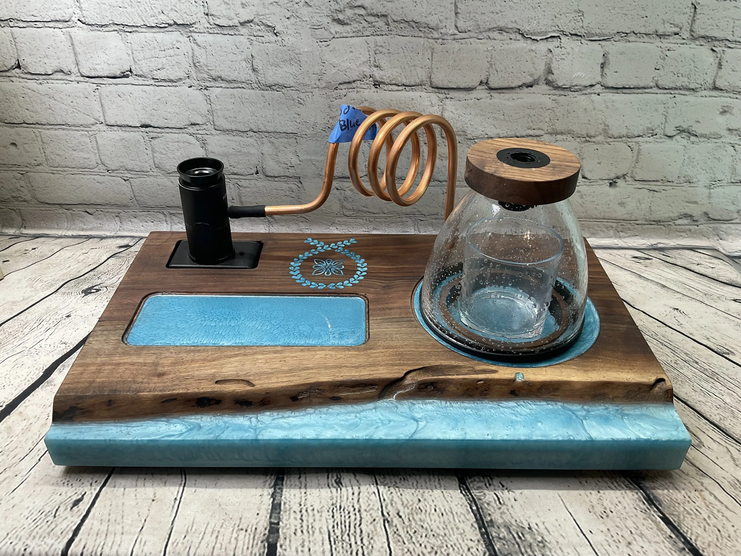 Medium “Live Edge” Cocktail Smoker  Walnut Board w/ Blue Epoxy