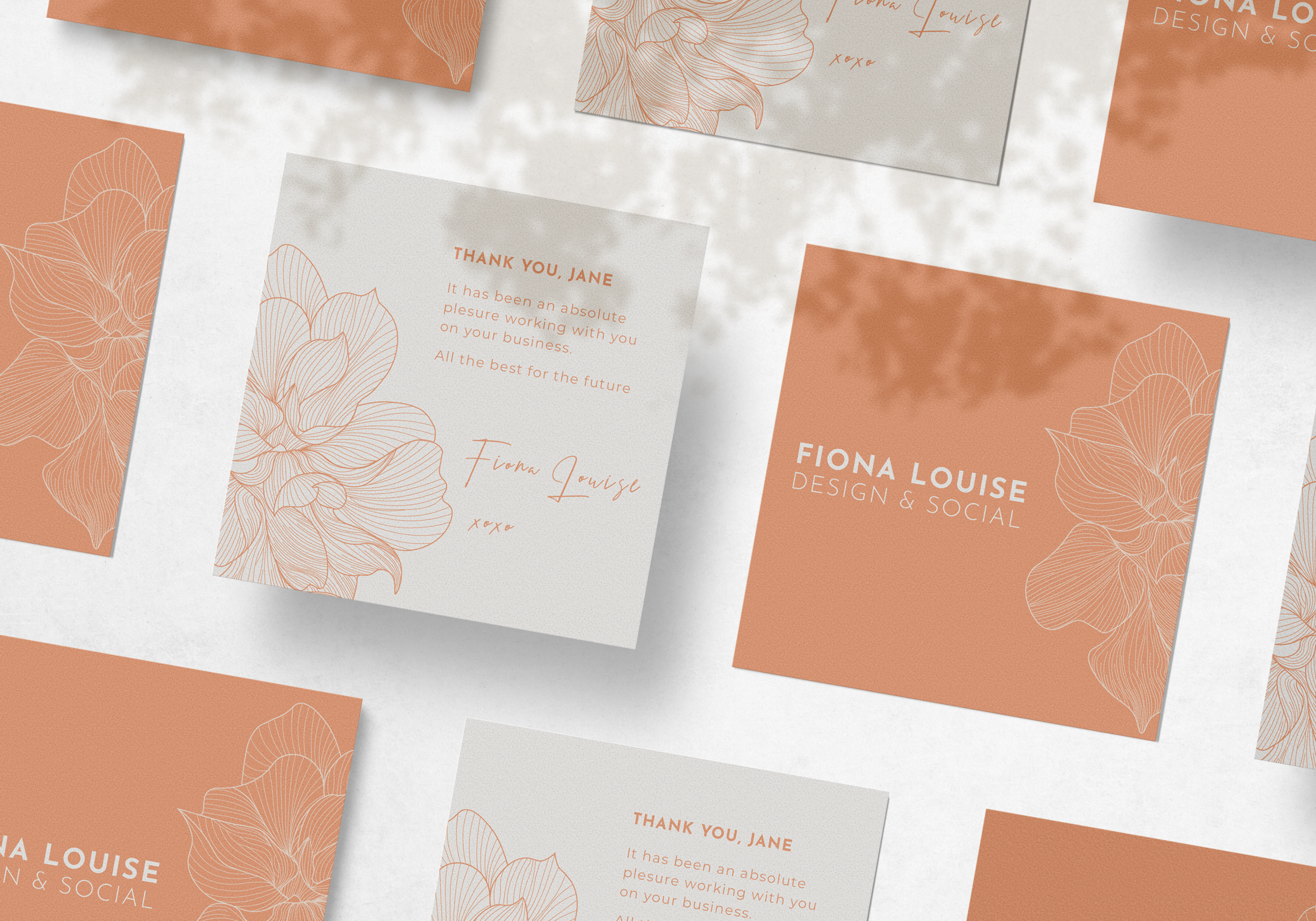 Collection of business and thank-you cards with floral designs, featuring the text "Fiona Louise Design & Social" and "Thank you, Jane." The cards have a minimalist aesthetic with orange and beige colors.