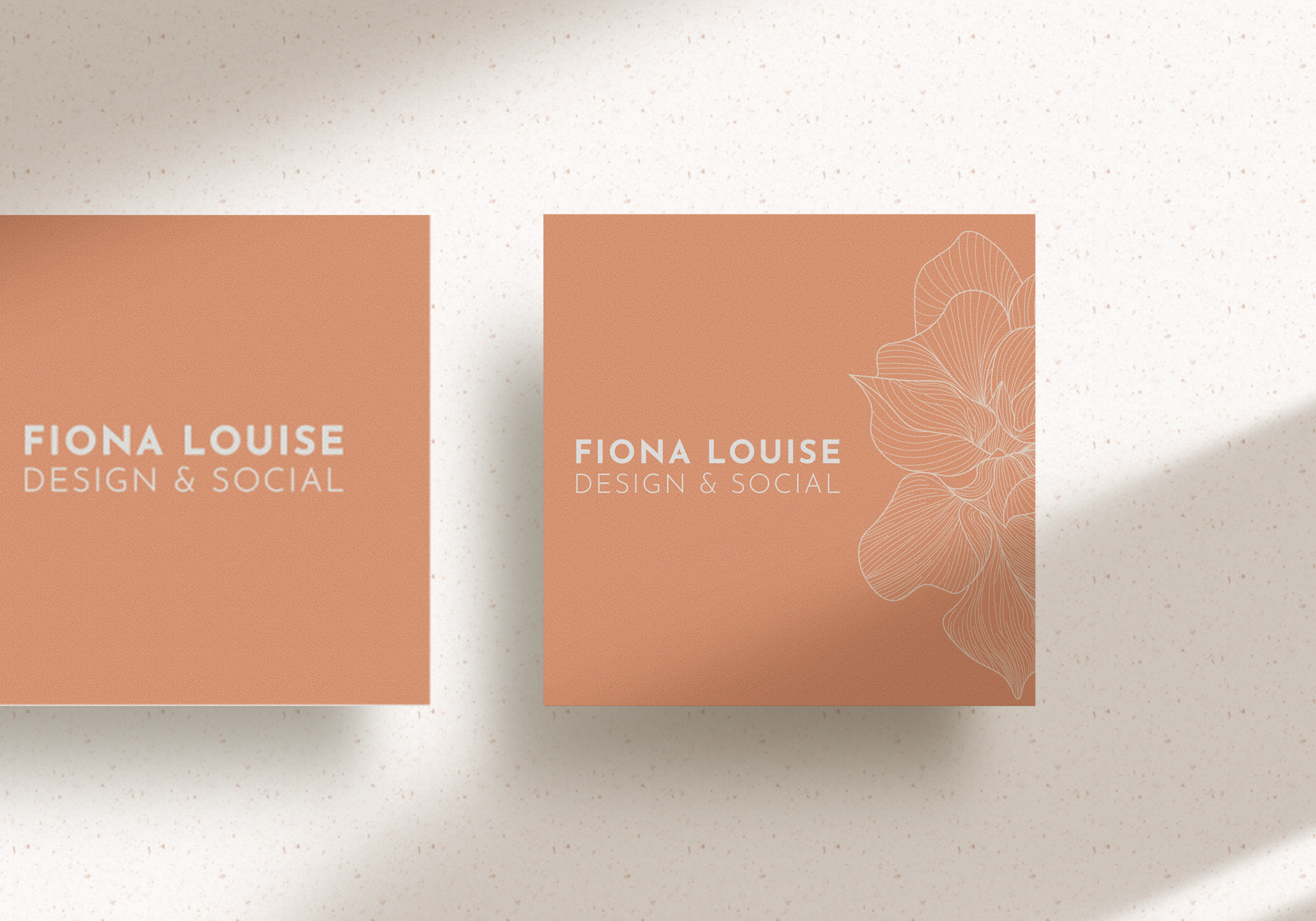 Two business cards for Fiona Louise Design & Social on a light background, with floral line art on one card.