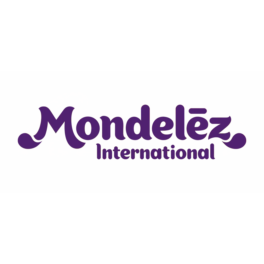 Logo of Mondelez International with orange background and purple, yellow, and black text.