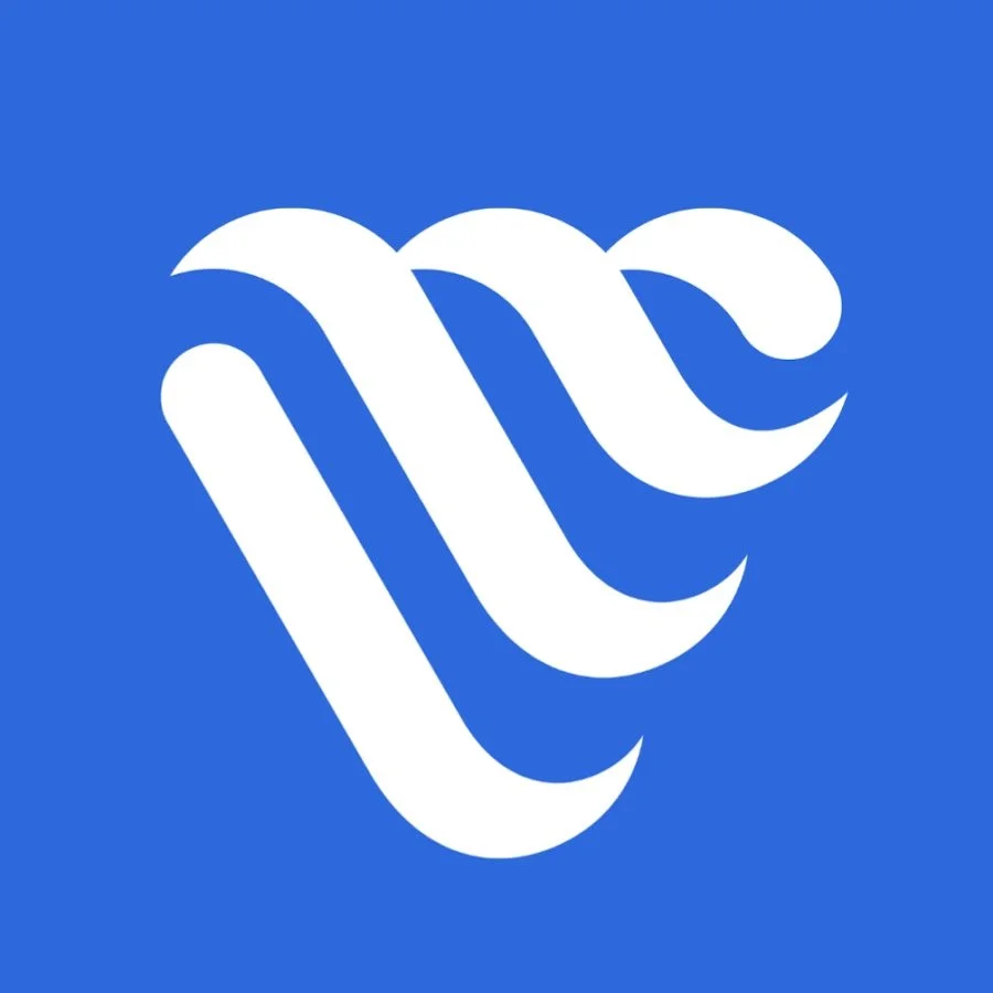 Blue background with a white stylized hand logo consisting of three parallel curved lines.