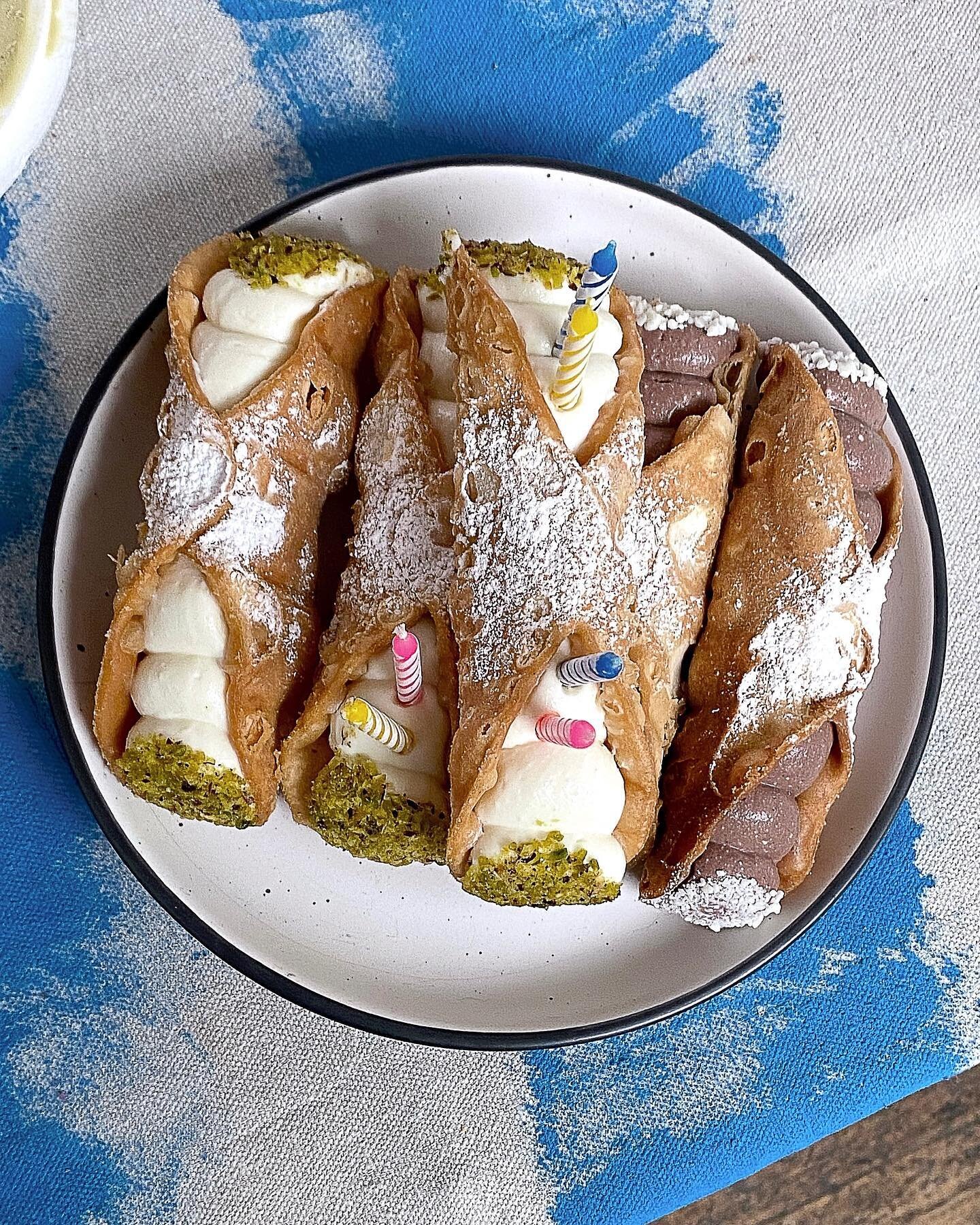 | Birthday cannolis with the good ole cheap candles! Pistachio + Chocolate! ♡