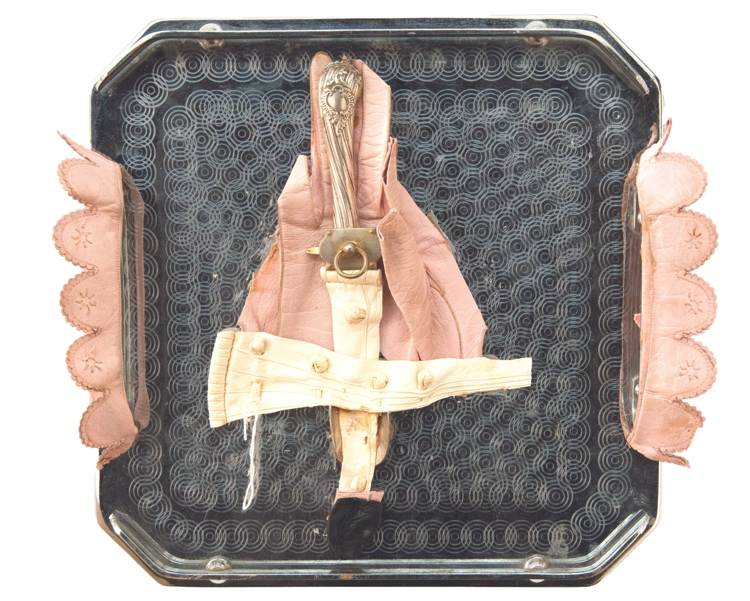 Tara Denny | Chatelaine, 2026|  pale pink leather gloves, vintage white leather gloves, Victorian serving spoon, glove hardware , hospital tray | 30cm x w30cm