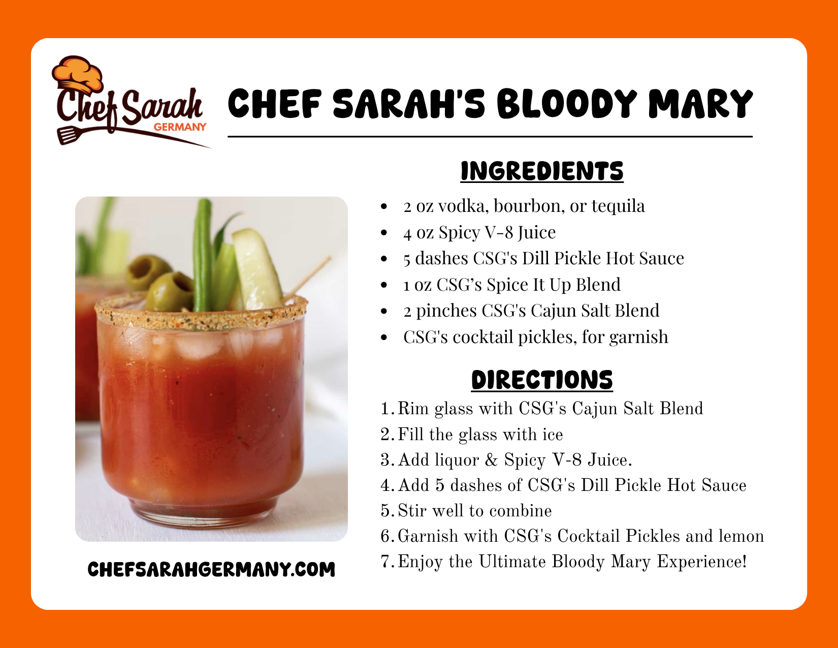a recipe card for Chef Sarah's Bloody Mary with ingredient list and steps