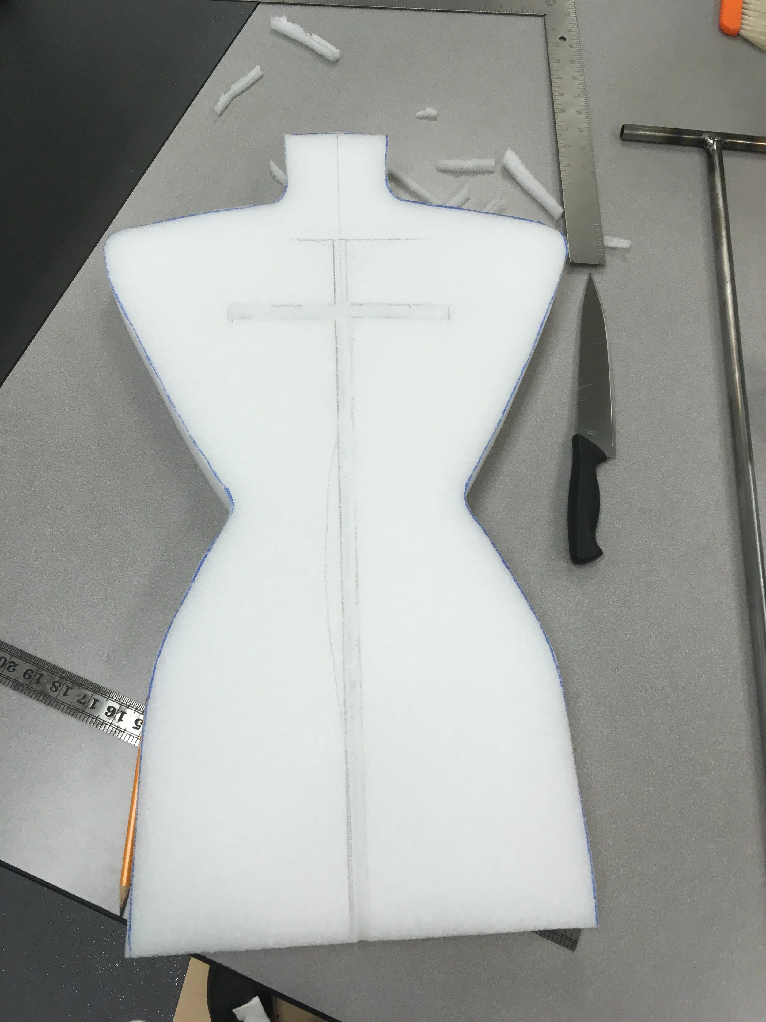 Shapes of Ethafoam were cut and a channel for the metal rod was carved.