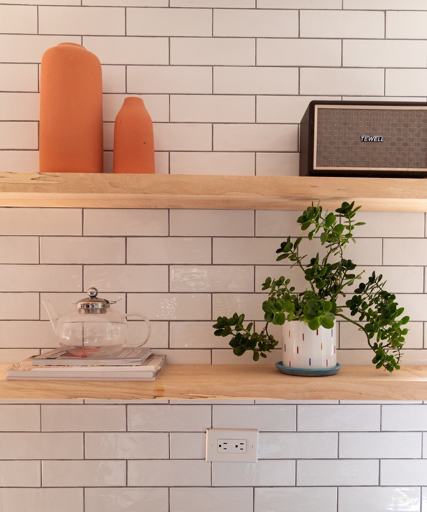 Floating shelves is always a good idea in your kitchen for a clean look!