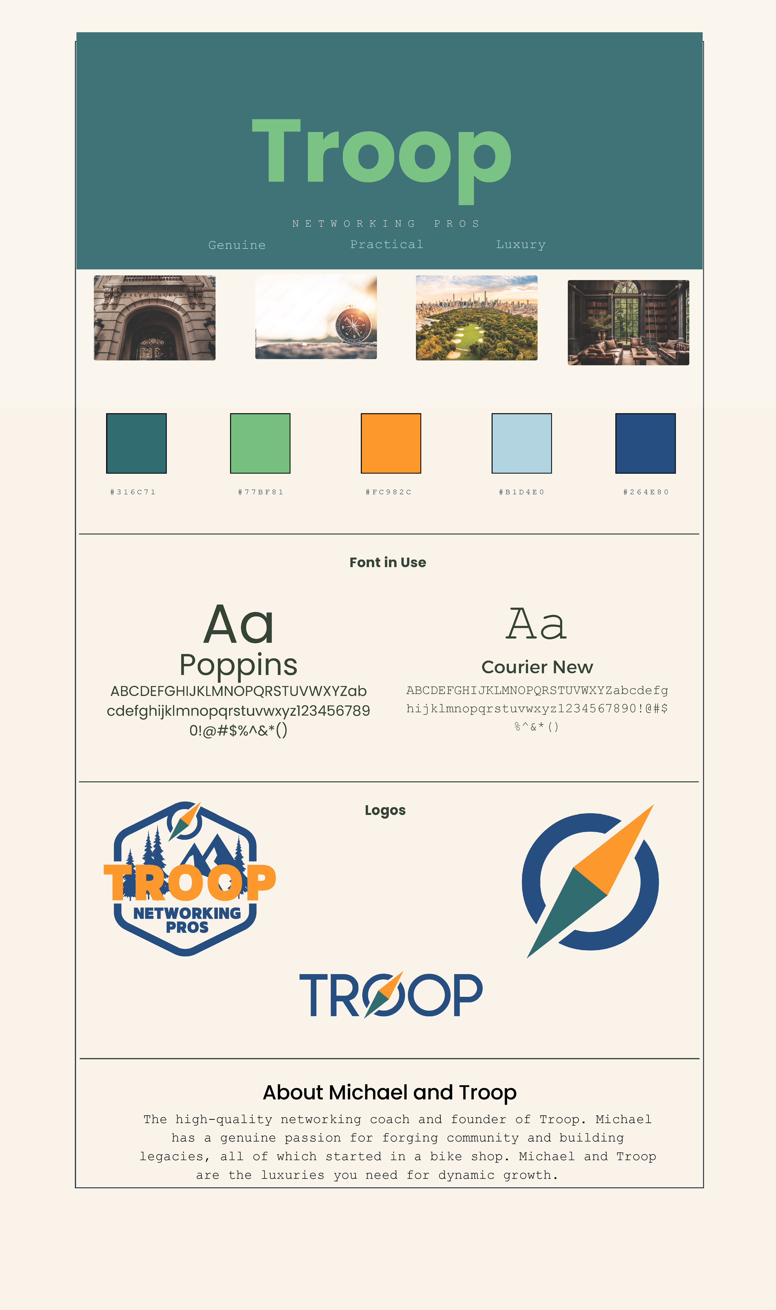 Flyer for Troop Networking Pros featuring color palette, fonts, and logos. Contains images of architecture, a watch, a park, and a library, with informational sections about branding elements and company background.
