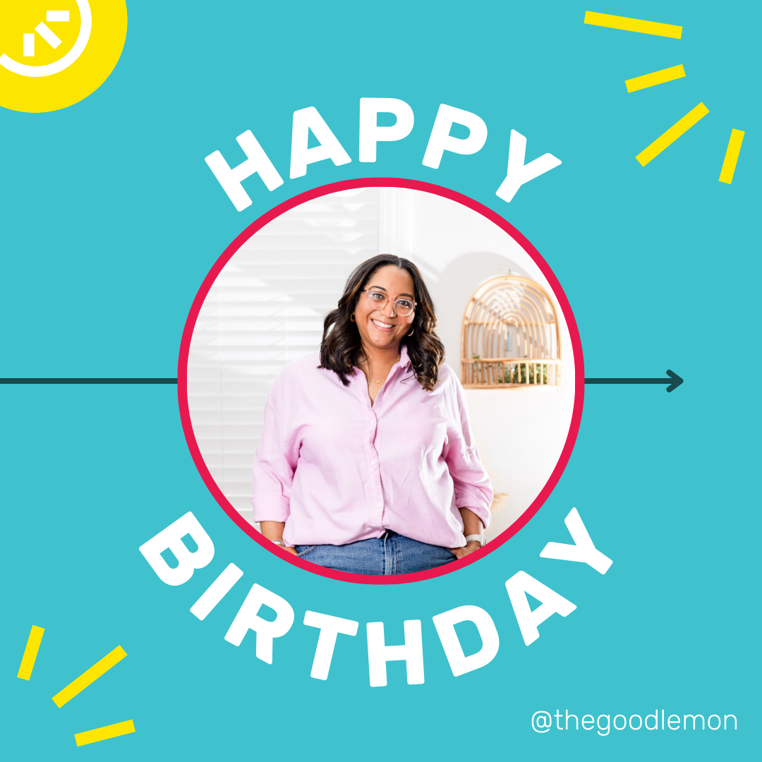 A birthday greeting with a woman smiling, wearing a pink shirt, in a circular frame surrounded by the words 'Happy Birthday' on a bright blue background with yellow decorative lines.