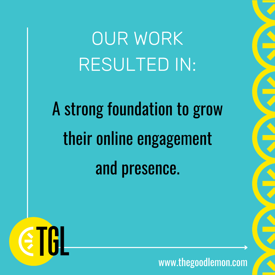 A graphic with a light blue background and yellow decorative border on the right side. It features a message about work results, stating that their work results in a strong foundation to grow online engagement and presence. The message includes the l