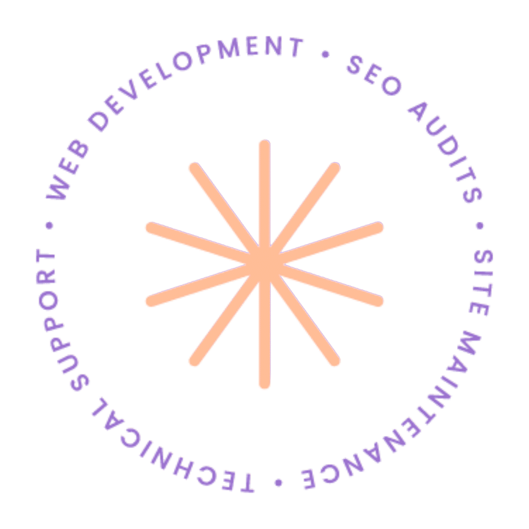 Circular text around a starburst pattern reads 'Web Development, SEO Audits, Marketing, Technical Support' in purple on a white background.