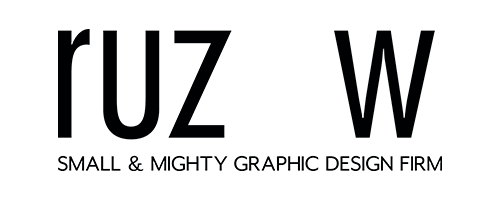 Logo for Ruz W, a small and mighty graphic design firm, with the firm’s name and description in black text on a white background.