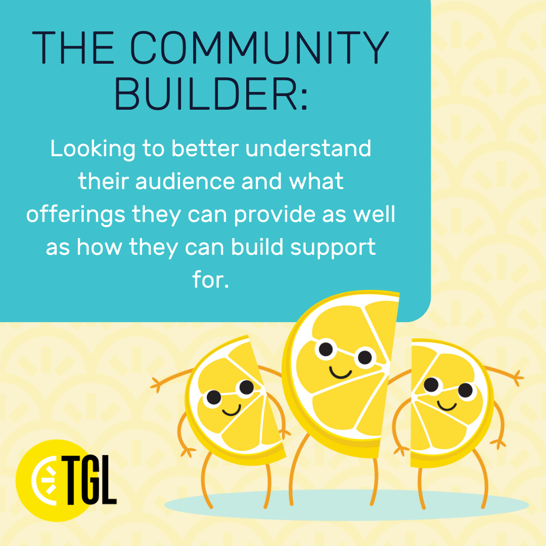 Animated lemon slices with smiling faces and glasses, promoting community building and understanding audience needs. Logo in bottom left corner.