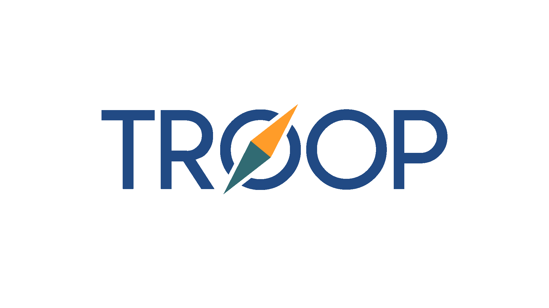 The logo for Troop features a navy blue wordmark with a compass needle replacing the letter 'O', pointing to the upper right, with an orange tip and a navy green base.
