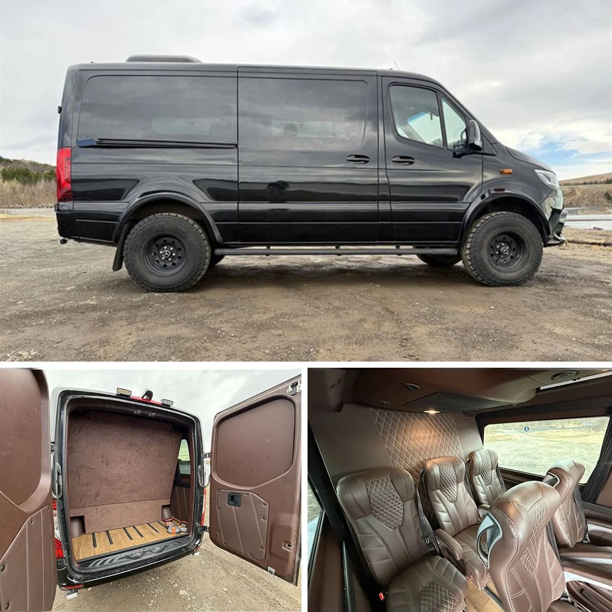 A black cargo van with tinted windows and rugged tires, parked on dirt. Inside the open rear doors, the cargo area is brown with a wooden floor. The passenger seats in the interior are tan leather with diamond-quilted headrests.