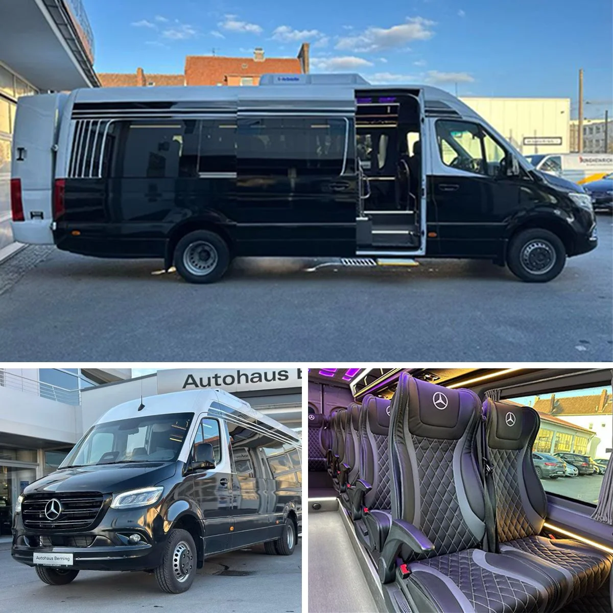 Top image shows a black Mercedes-Benz van parked on the street. Bottom left image features a white Mercedes-Benz van parked outside a dealership. Bottom right image displays the interior seats of a Mercedes-Benz van with black leather upholstery and quilted stitching.