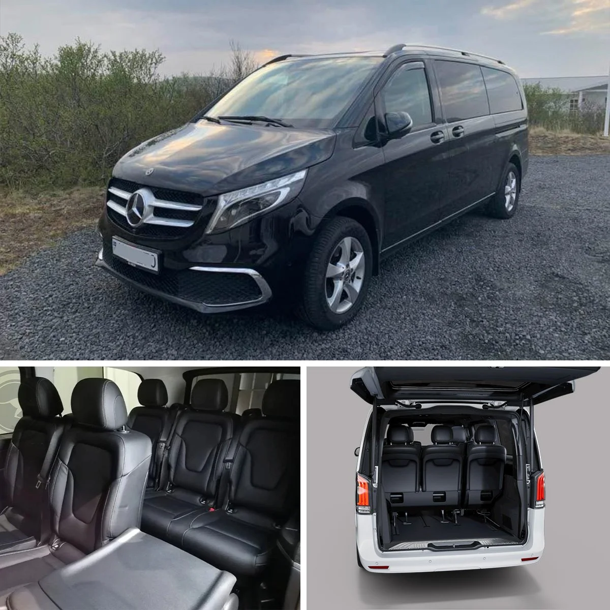 Three images of a black Mercedes-Benz van. The first shows the exterior parked on gravel with greenery in the background. The second shows the interior with black leather seats, including two captain's chairs in the front and a row of seats behind. The third shows the open rear cargo area with seats folded up, revealing additional storage space.