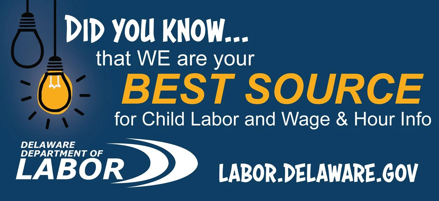 Blue advertisement banner for Delaware Department of Labor with lightbulb illustrations and bold text promoting their child labor and wage information website.