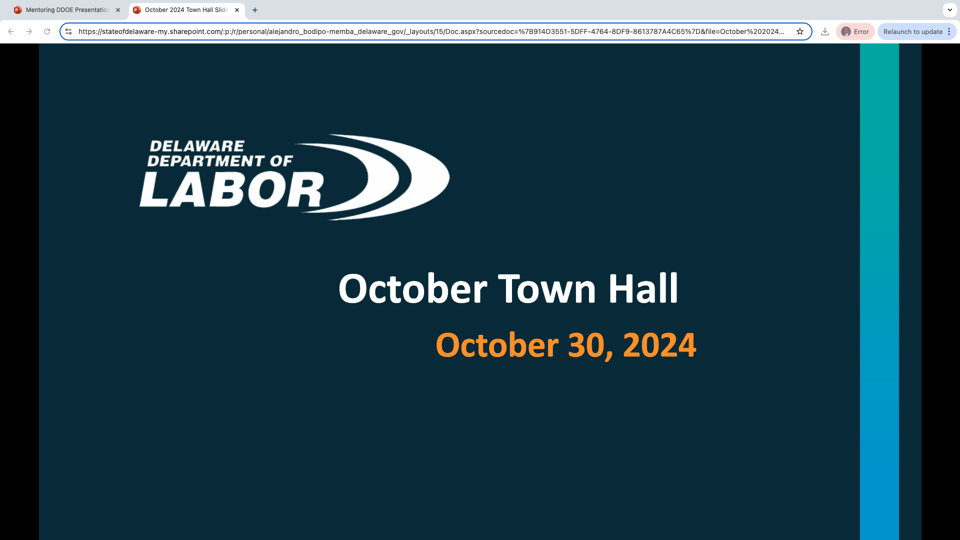 Slide from a presentation titled 'October Town Hall' hosted by the Delaware Department of Labor, scheduled for October 30, 2024.