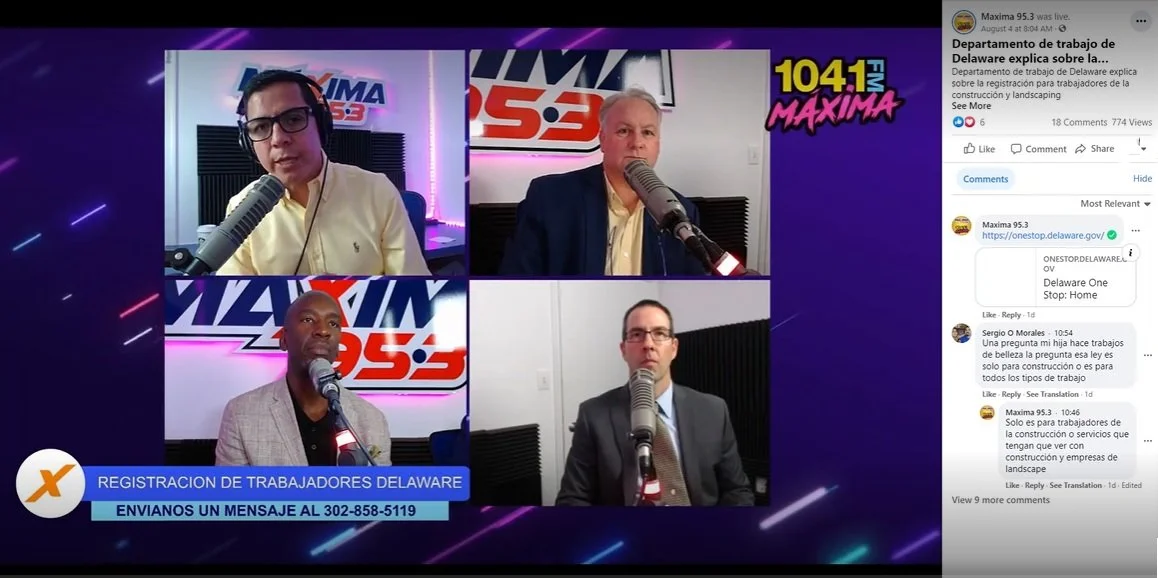 Four men participate in a radio show or podcast, each speaking into a microphone, with a background displaying radio station logos 'Maxima 95.3' and '1041 FM.'