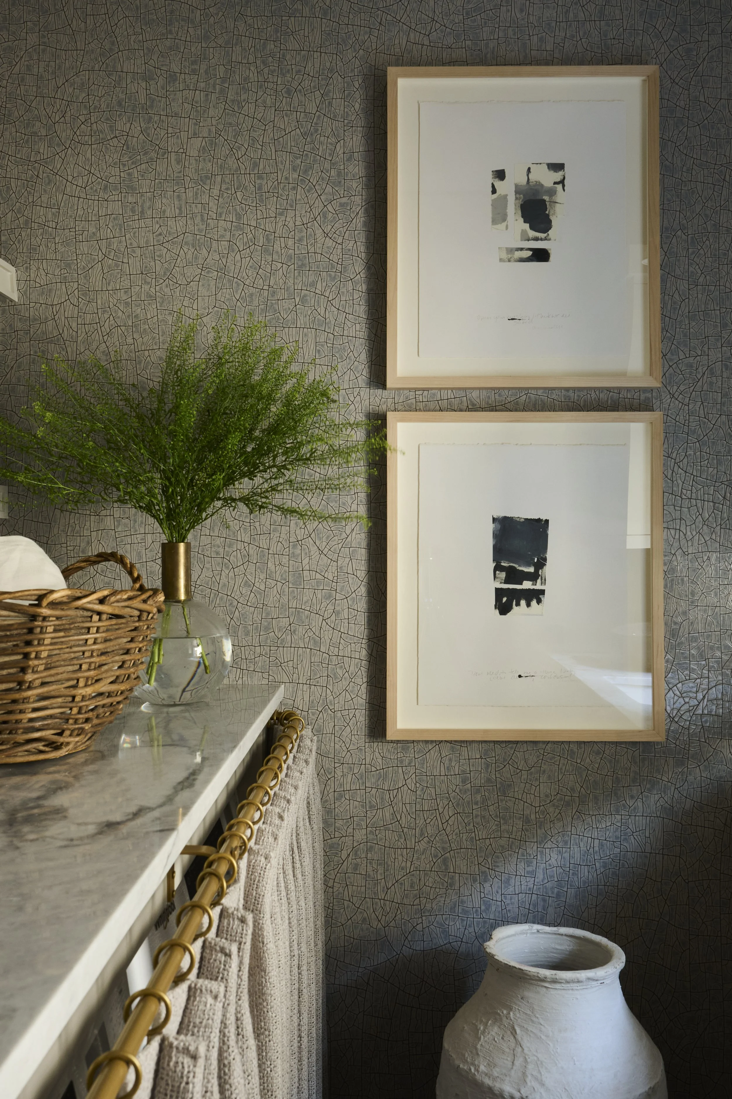 Serenbe Showhouse Laundry Vignette. Wallpaper from Arte Wallcoverings at Paul Plus with a Holly Hunt Tape Trim Border. Art from Chris Brandell. Custom Drapery through The Drapery Room.