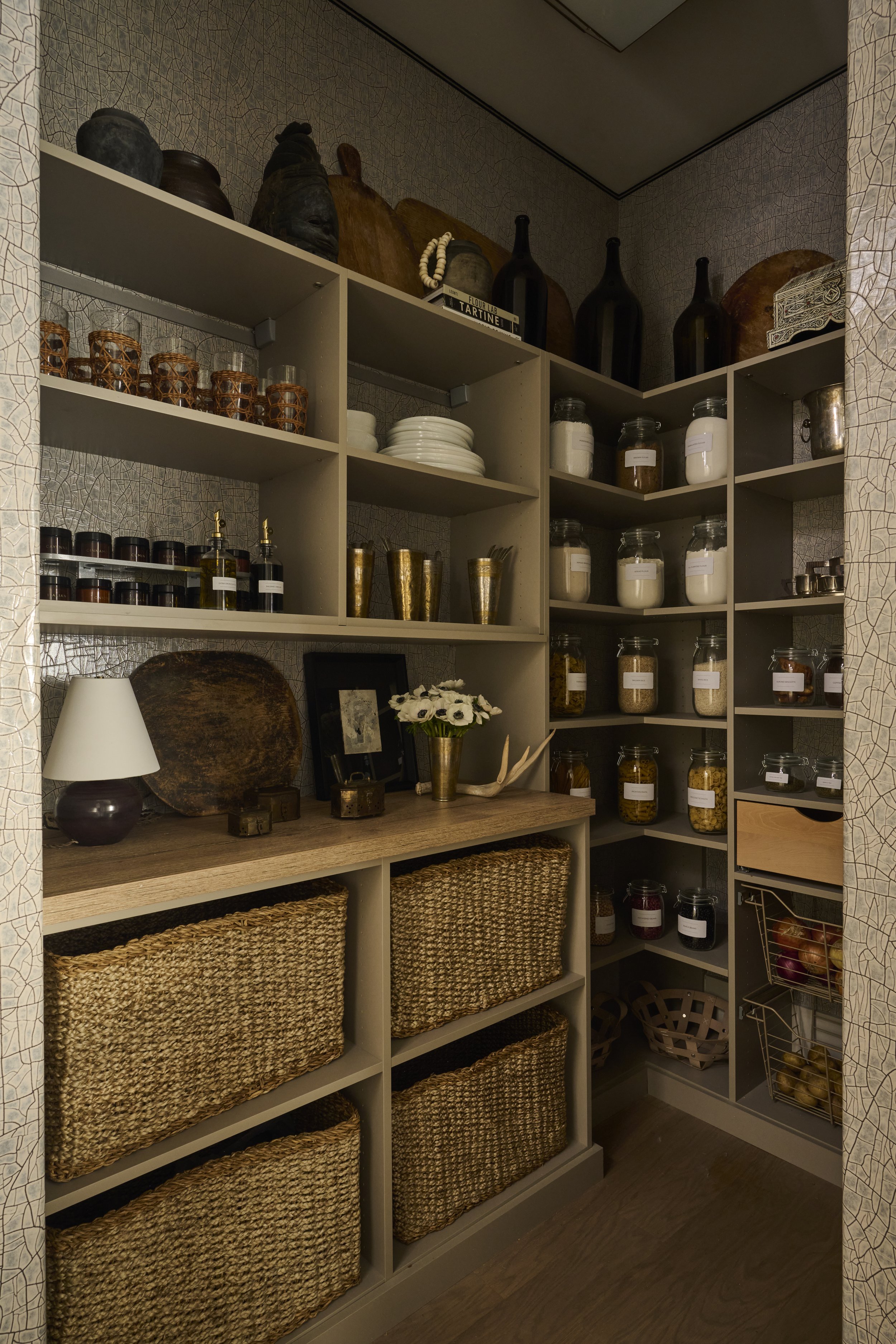 Serenbe Showhouse Pantry Storage. Wallpaper from Arte Wallcoverings at Paul Plus with a Holly Hunt Tape Trim Border. Organized layered jars for perfection.