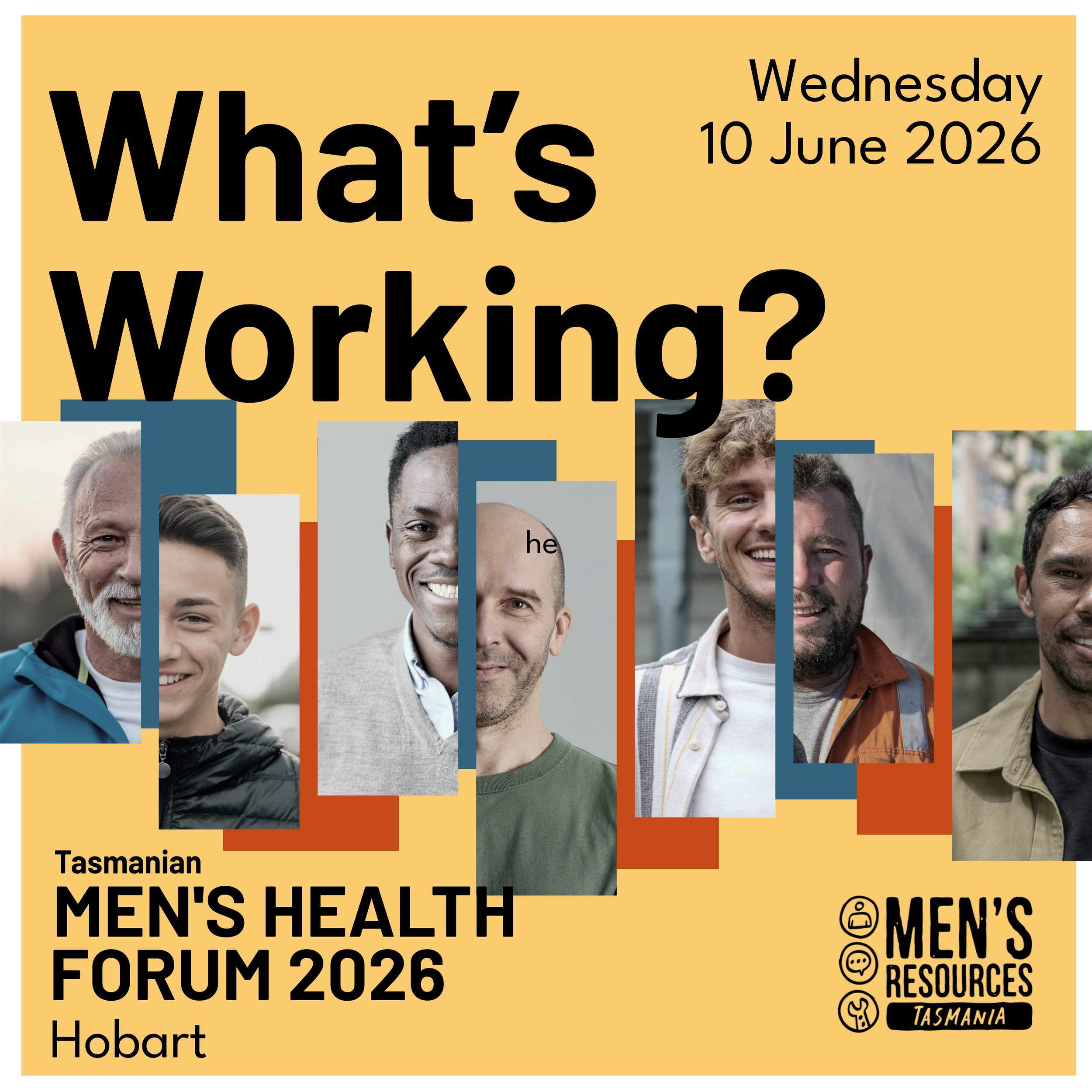 A social media tile promoting the Men's Health Forum for 10 June 2026.  The forum is titled "What's Working?'