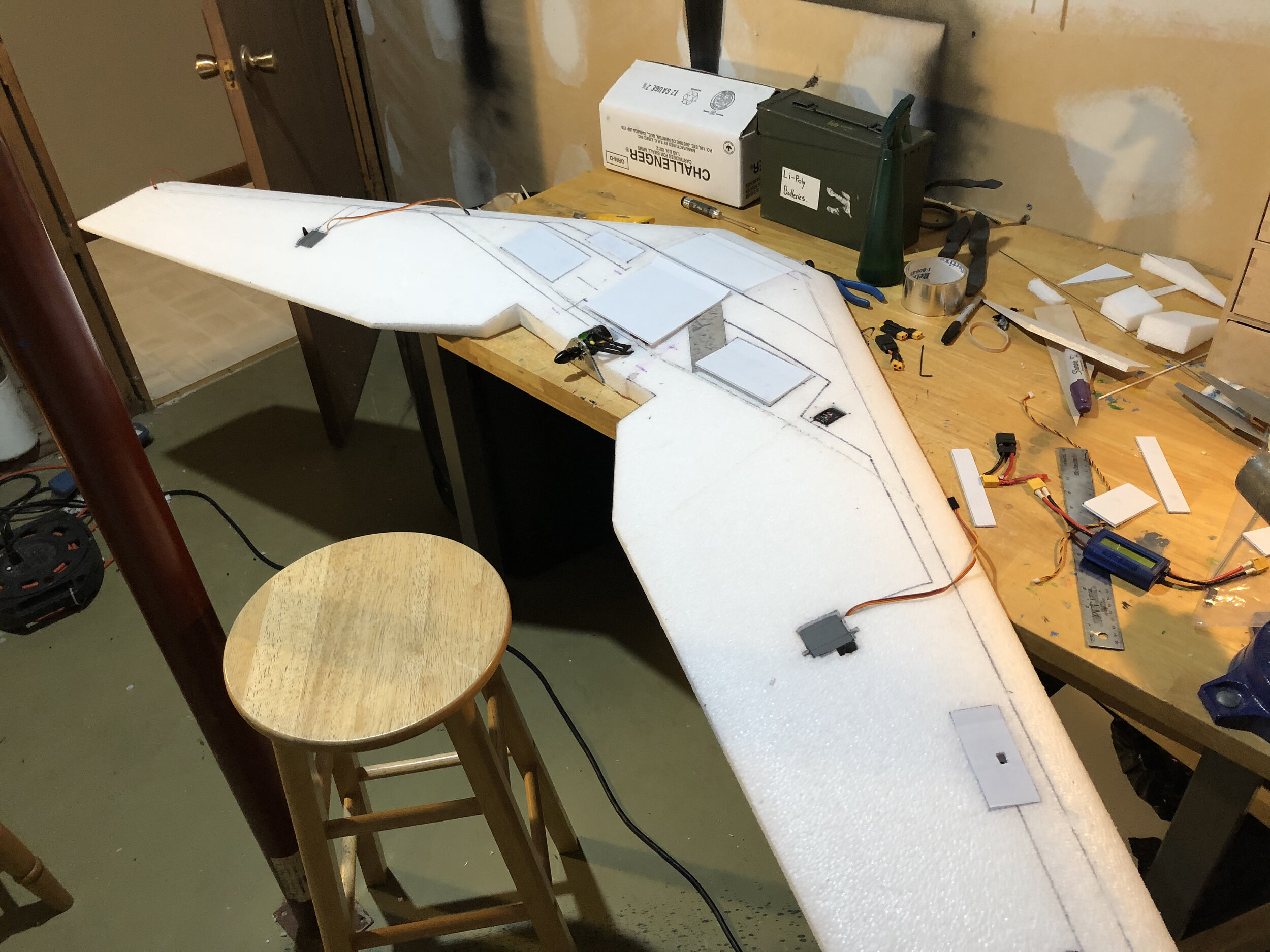 Power and control systems installed, starting preliminary thrust tests to choose best propeller for desired flight envelope