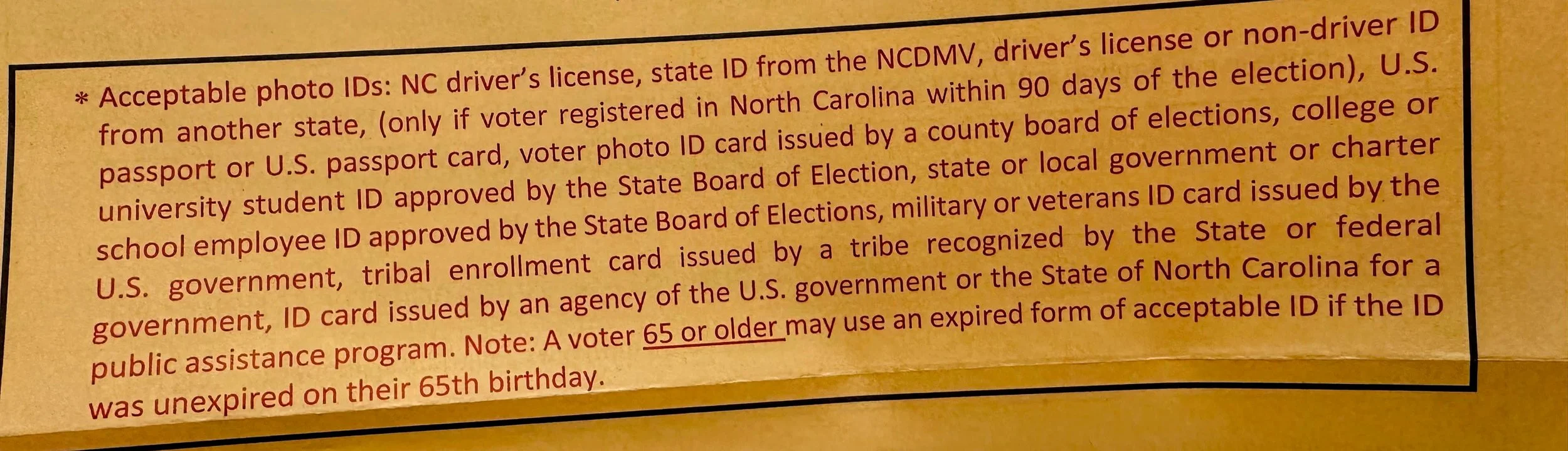 List of Acceptable Photo ID for voting in North Carolina. This is found on the Voter ID Exception Form provided with Mail In Ballots in NC, 2024