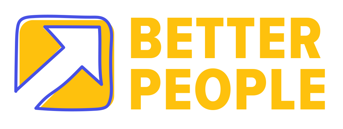 Logo with yellow background, white arrow pointing up, and the text "Better People" in bold yellow letters.