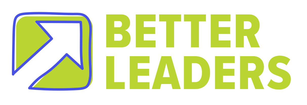 Logo with a stylized arrow pointing upward and the words 'Better Leaders' in bold green text.
