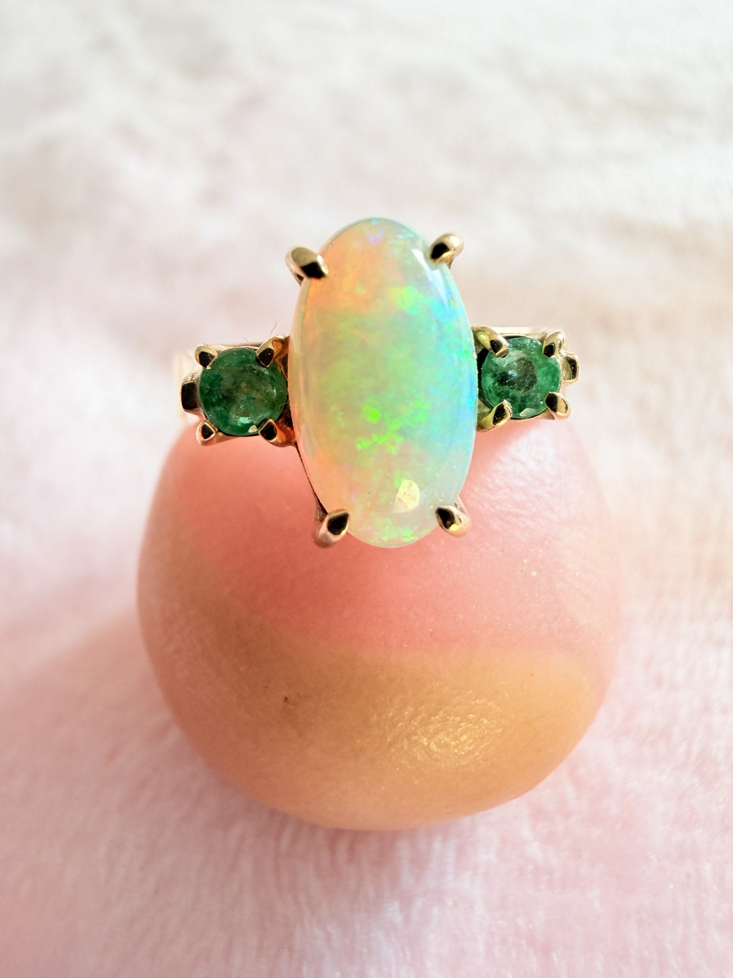1960s solid crystal opal and emerald ring